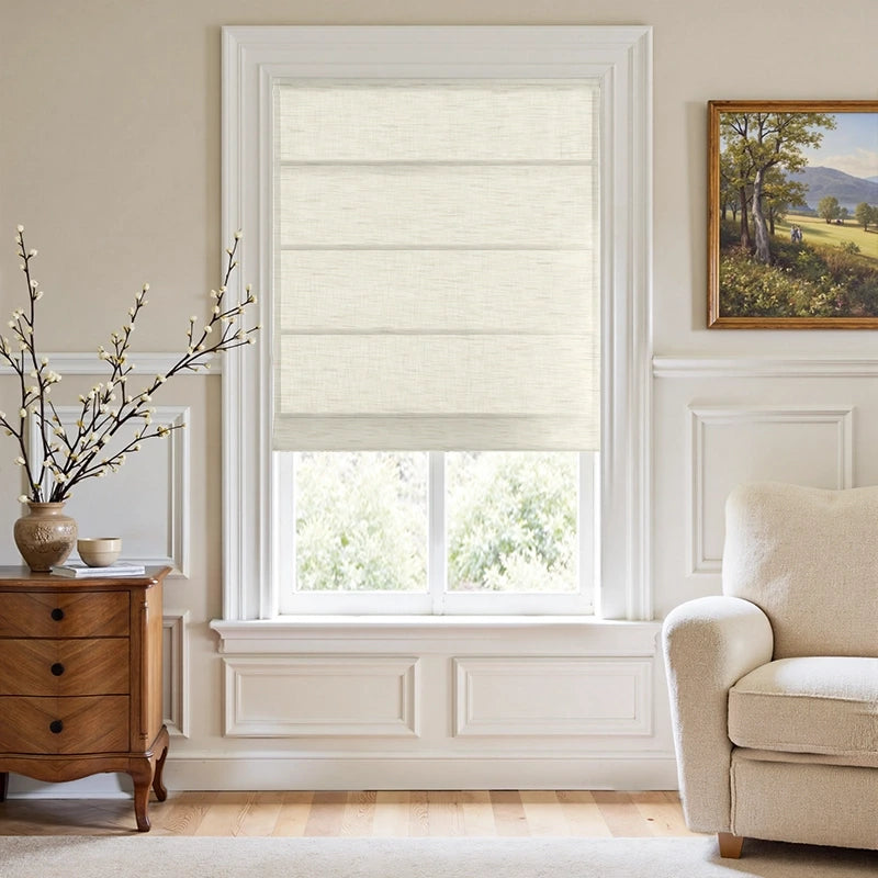 Freshine Elara Light Grayish White Roman Shades for Elegant Linen-Blend Drapes with Superior Light Control and Privacy