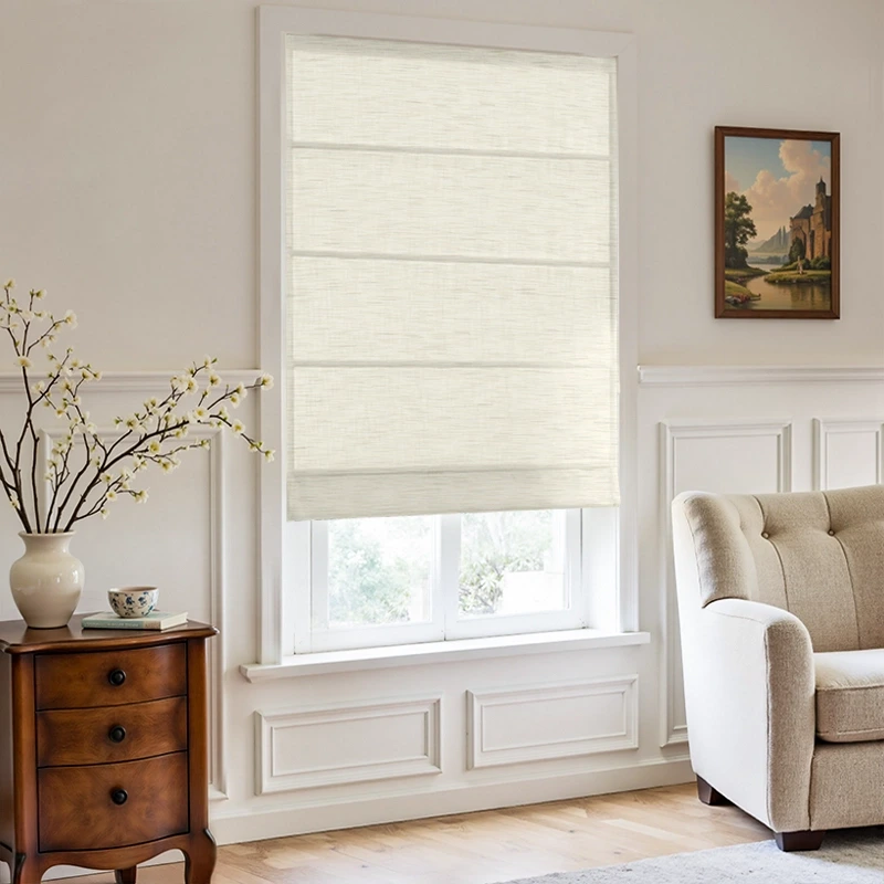 Freshine Elara Light Grayish White Roman Shades for Elegant Linen-Blend Drapes with Superior Light Control and Privacy