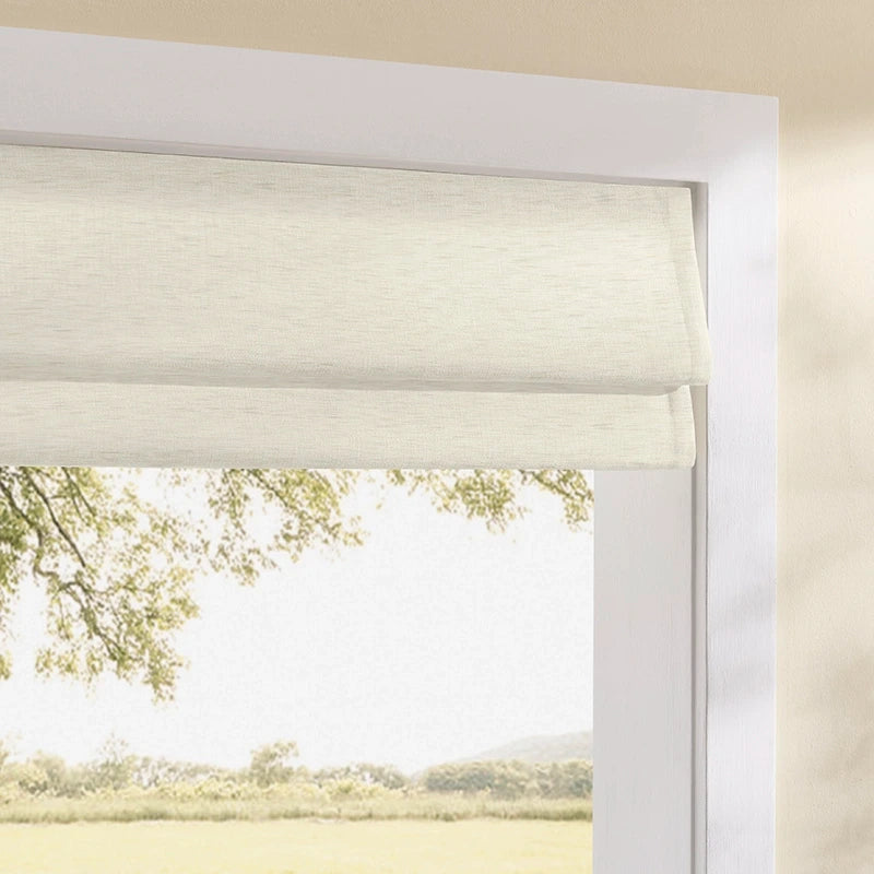 Freshine Elara Light Grayish White Roman Shades for Elegant Linen-Blend Drapes with Superior Light Control and Privacy
