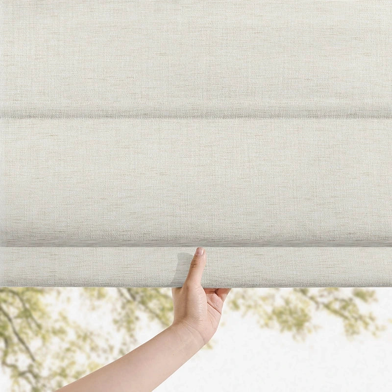 Freshine Elara Light Grayish White Roman Shades for Elegant Linen-Blend Drapes with Superior Light Control and Privacy
