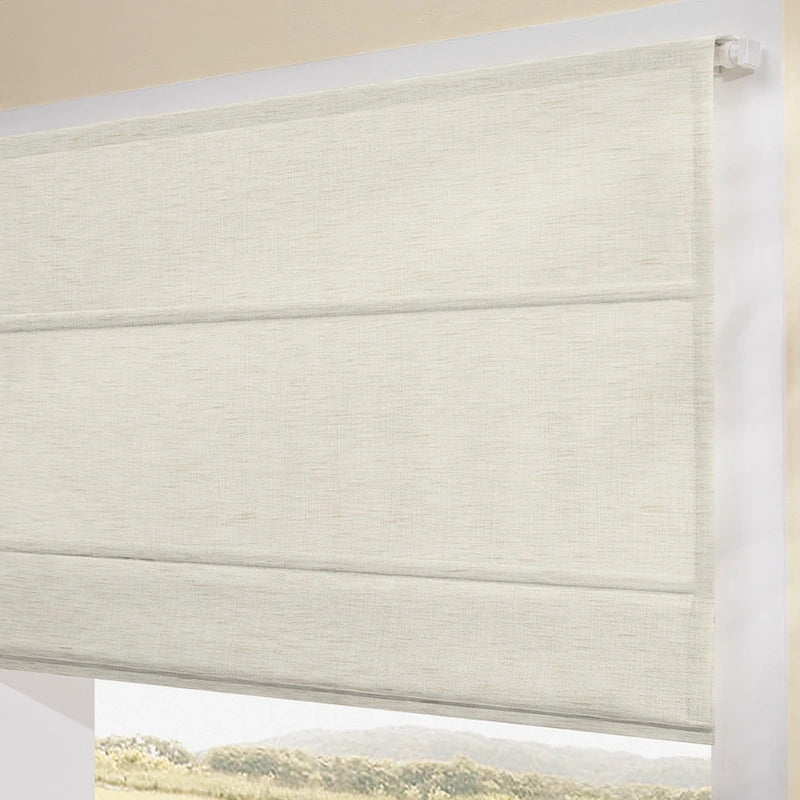 Freshine Elara Light Grayish White Roman Shades for Elegant Linen-Blend Drapes with Superior Light Control and Privacy
