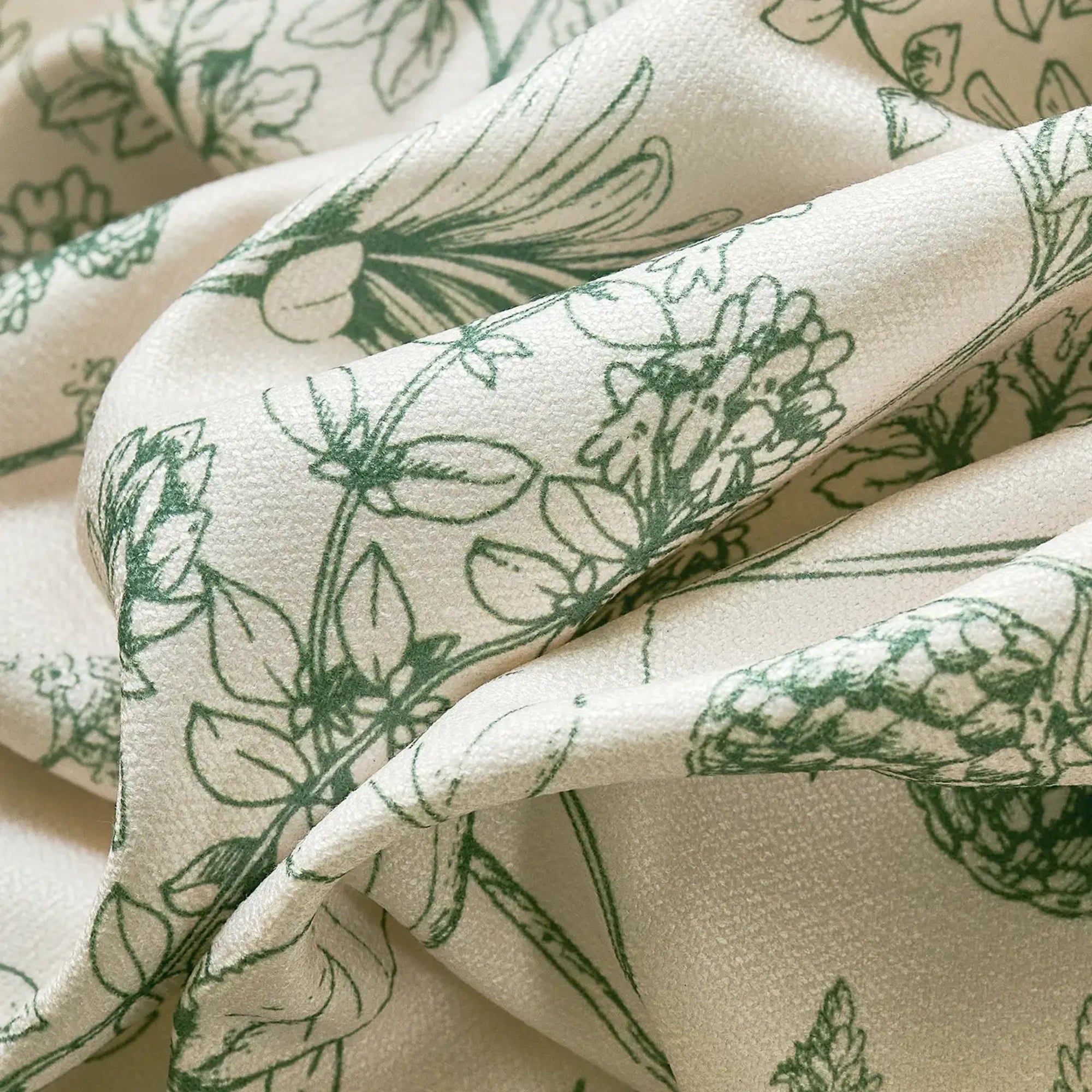 Elsa Berry Meadow Willow Green Floral Chenille Roman Shades: Image 23-15_detail_2 highlights the delicate willow green floral details, cozy chenille fabric texture and exquisite craftsmanship of the roman shade.