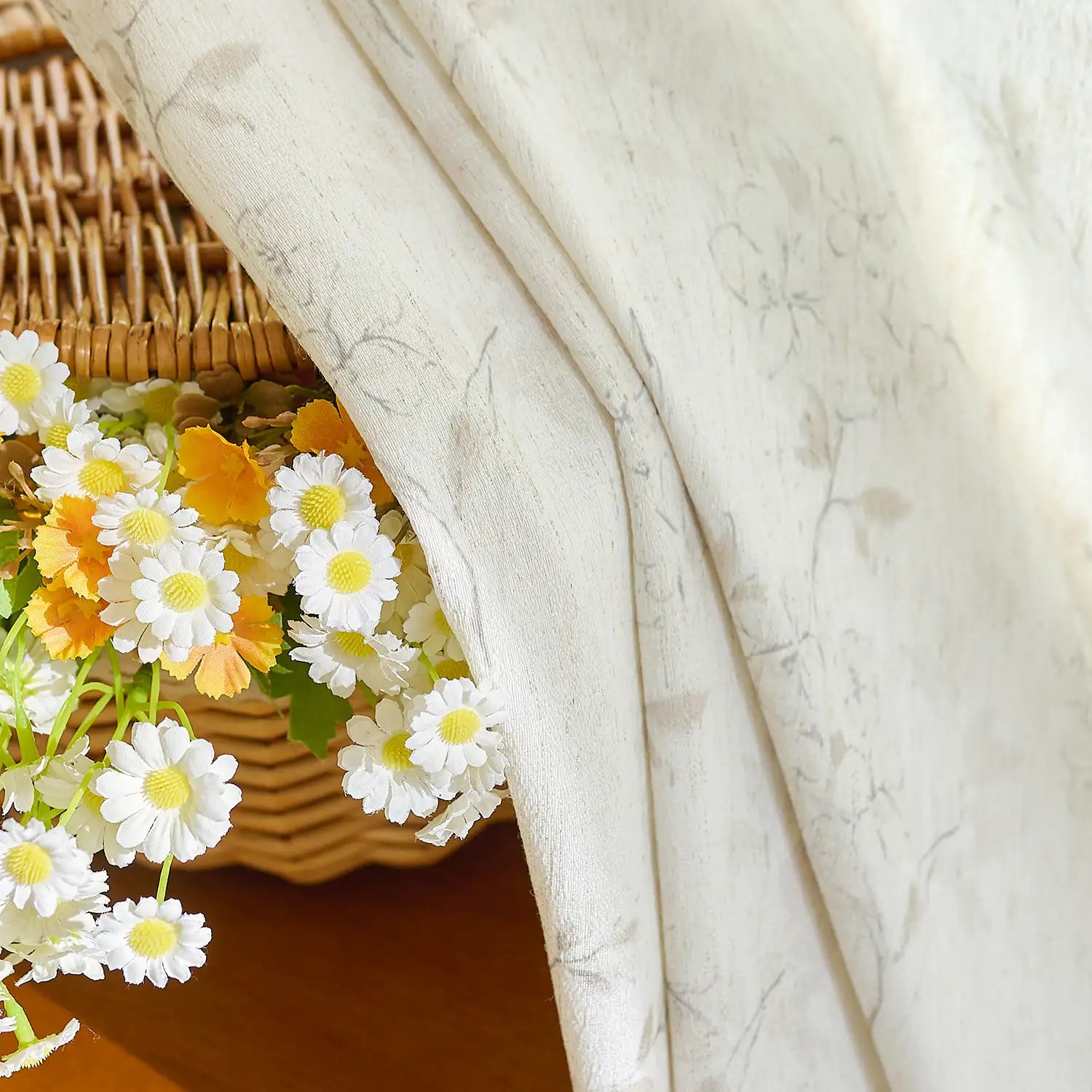Elysia 800-5_detail_1 toile de Jouy linen textured floral sheer curtains, close-up shot highlighting intricate vintage floral line art, soft linen weave texture, and delicate light-filtering sheer quality