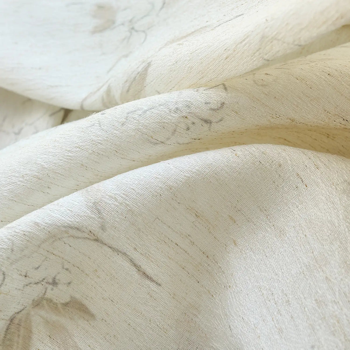 Elysia 800-5_detail_2 toile de Jouy linen textured floral sheer curtains, close-up shot highlighting intricate vintage floral line art, soft linen weave texture, and delicate light-filtering sheer quality