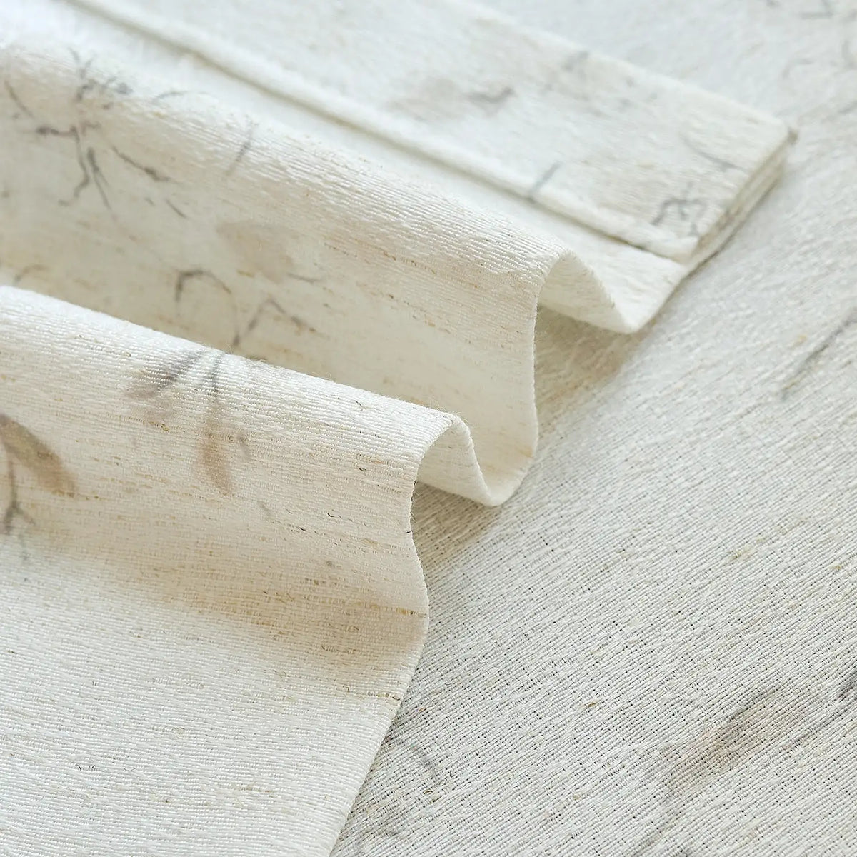 Elysia 800-5_detail_3 toile de Jouy linen textured floral sheer curtains, close-up shot highlighting intricate vintage floral line art, soft linen weave texture, and delicate light-filtering sheer quality