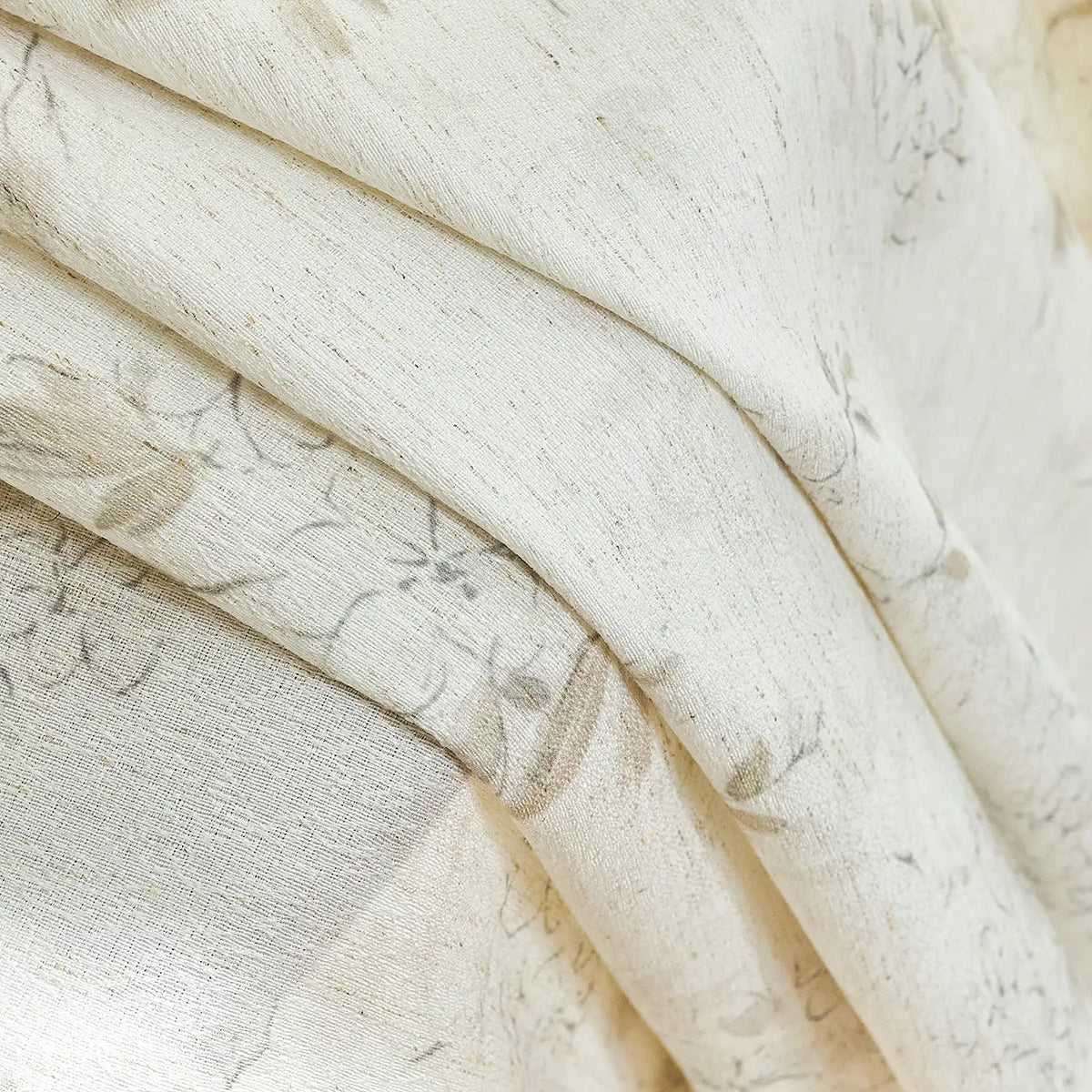 Elysia 800-5_detail_4 toile de Jouy linen textured floral sheer curtains, close-up shot highlighting intricate vintage floral line art, soft linen weave texture, and delicate light-filtering sheer quality