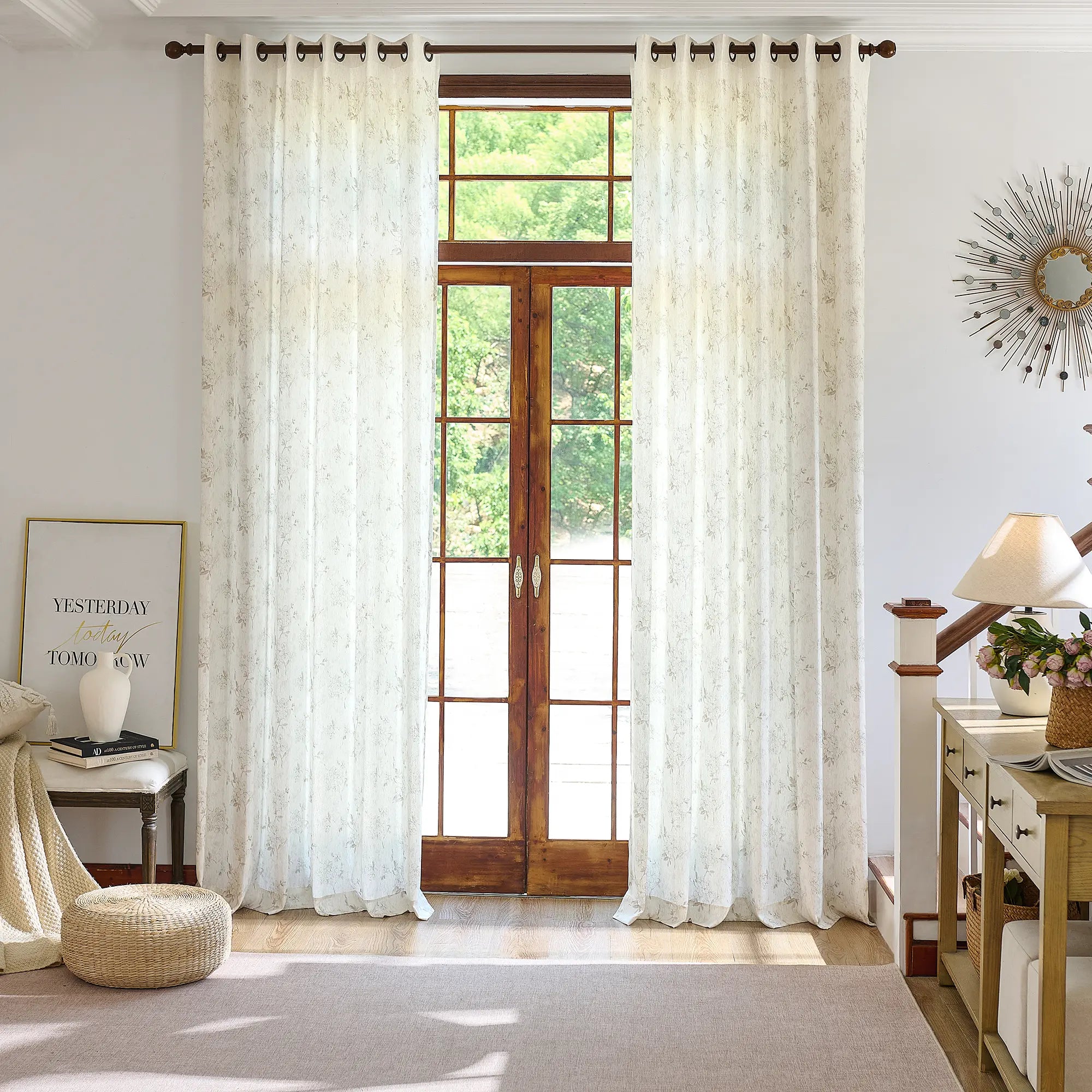 Elysia 800-5_scene_1 toile de Jouy linen textured floral sheer curtains, styled in a bright classic room showing soft light filtering and vintage pattern