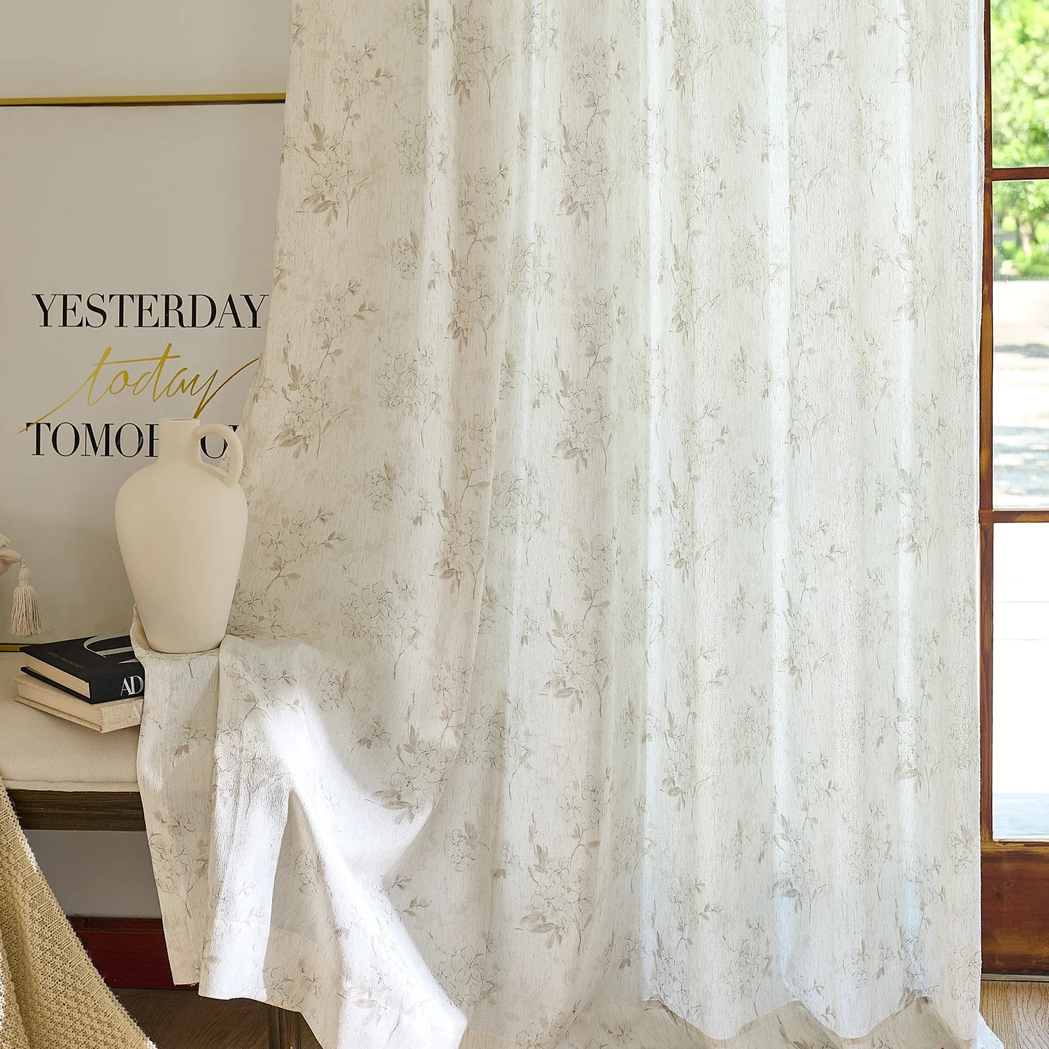 Elysia 800-5_scene_11 toile de Jouy linen textured floral sheer curtains, styled in a bright classic room showing soft light filtering and vintage pattern