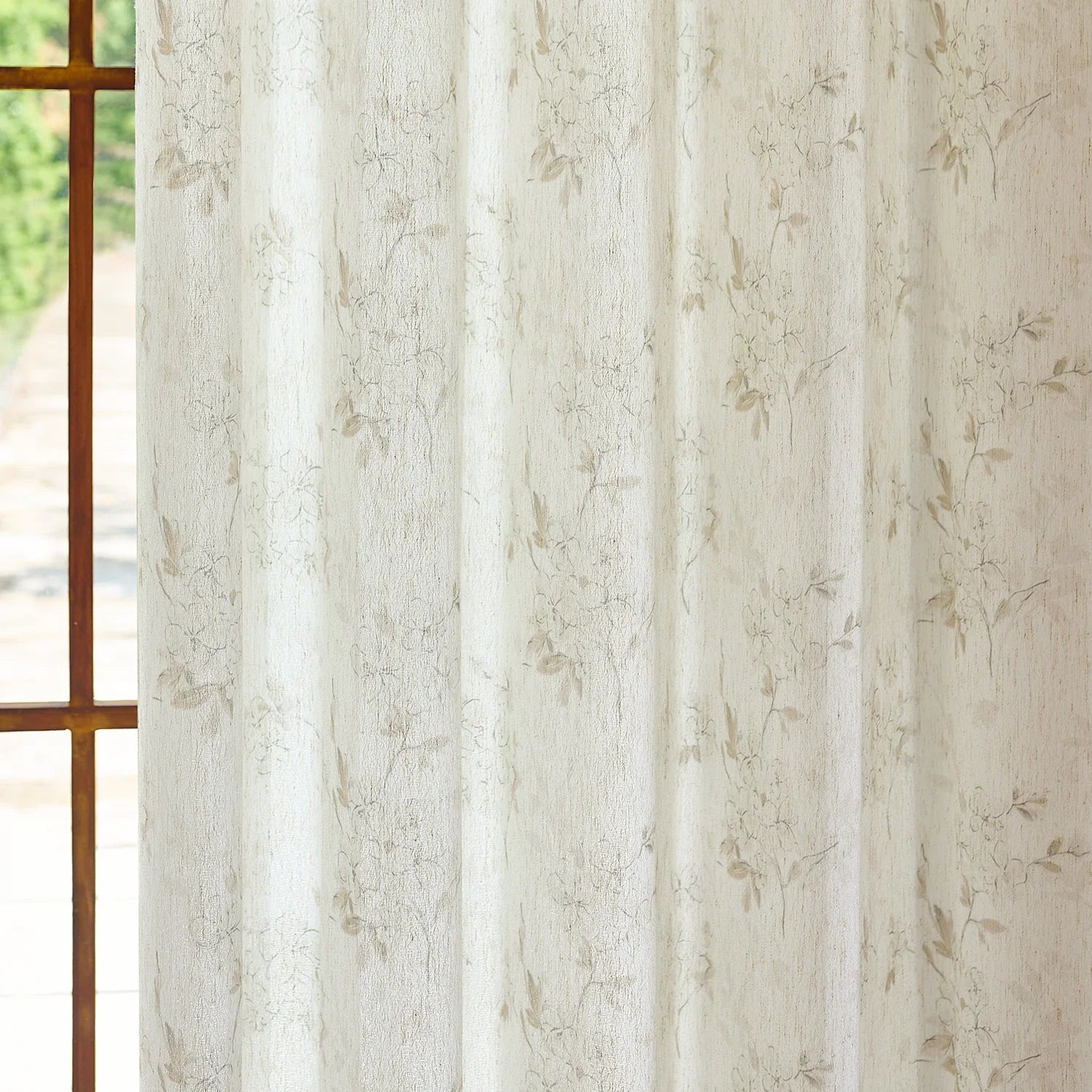 Elysia 800-5_scene_16 toile de Jouy linen textured floral sheer curtains, styled in a bright classic room showing soft light filtering and vintage pattern