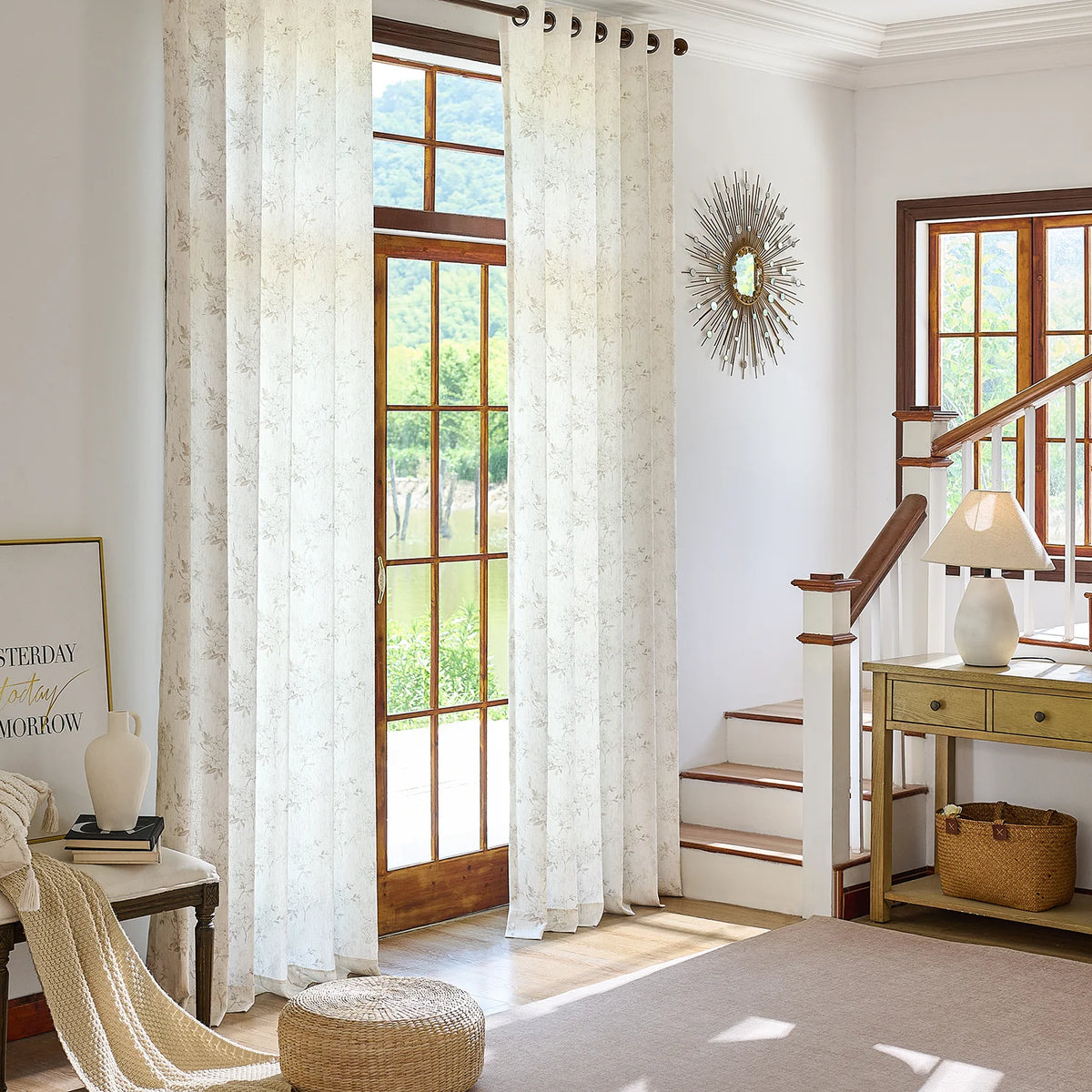 Elysia 800-5_scene_2 toile de Jouy linen textured floral sheer curtains, styled in a bright classic room showing soft light filtering and vintage pattern