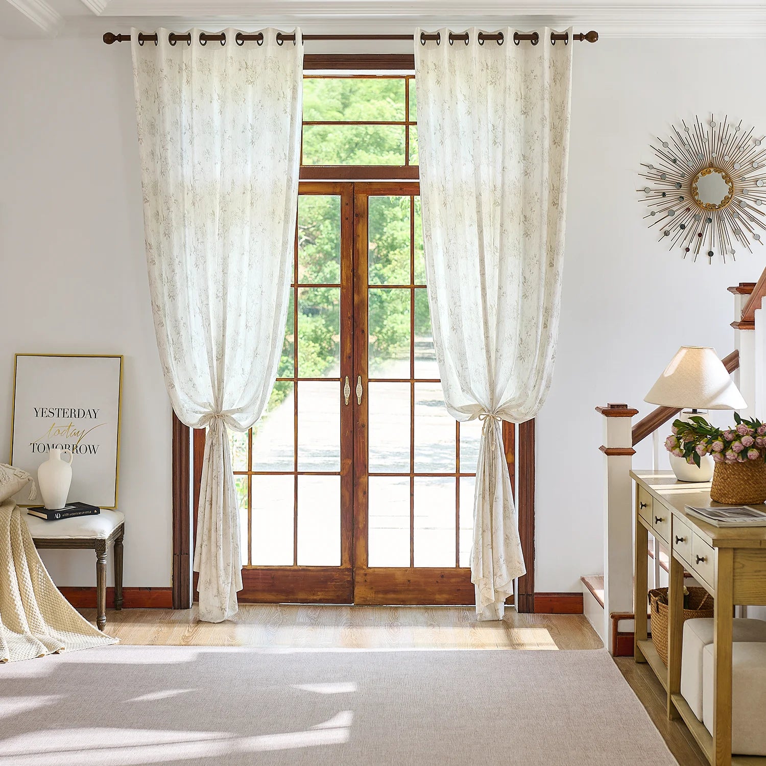Elysia 800-5_scene_3 toile de Jouy linen textured floral sheer curtains, styled in a bright classic room showing soft light filtering and vintage pattern