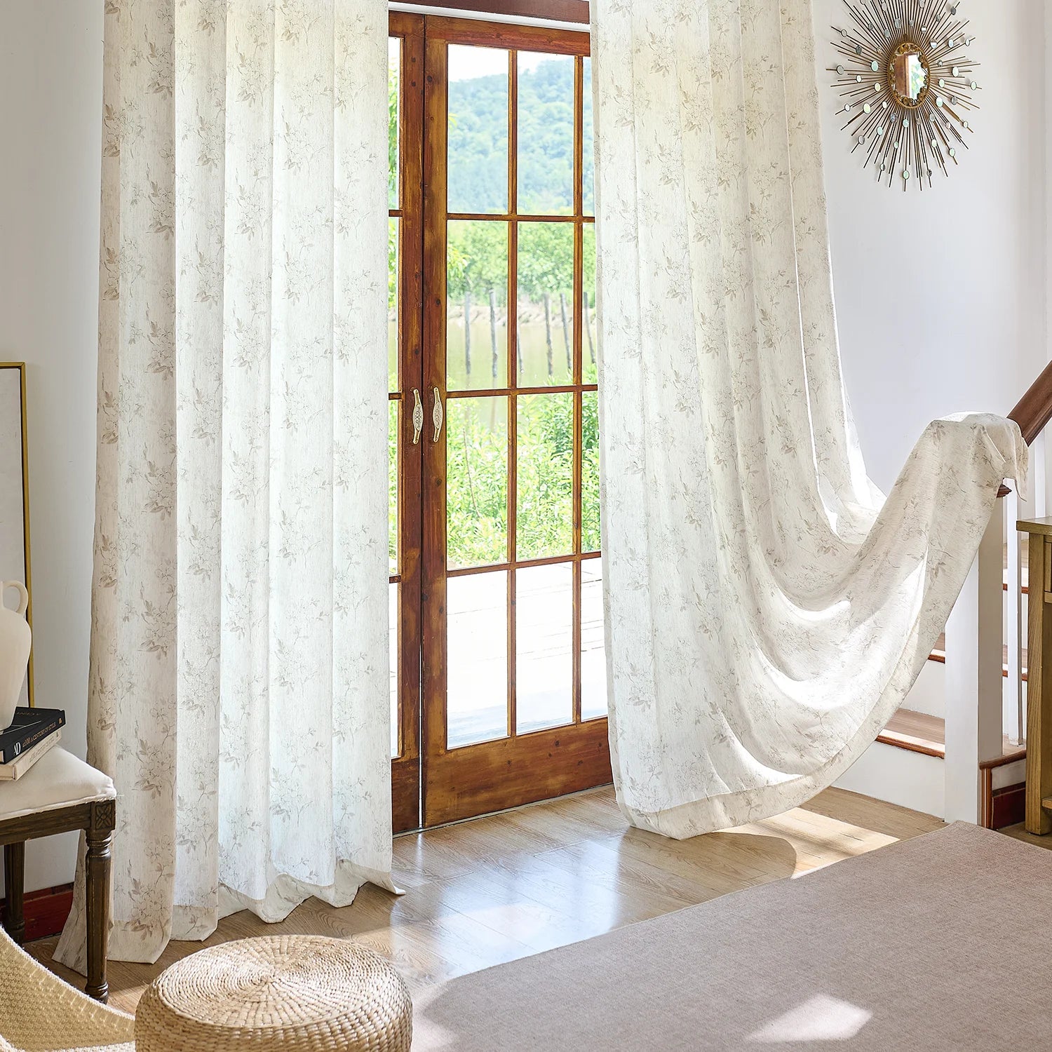 Elysia 800-5_scene_4 toile de Jouy linen textured floral sheer curtains, styled in a bright classic room showing soft light filtering and vintage pattern