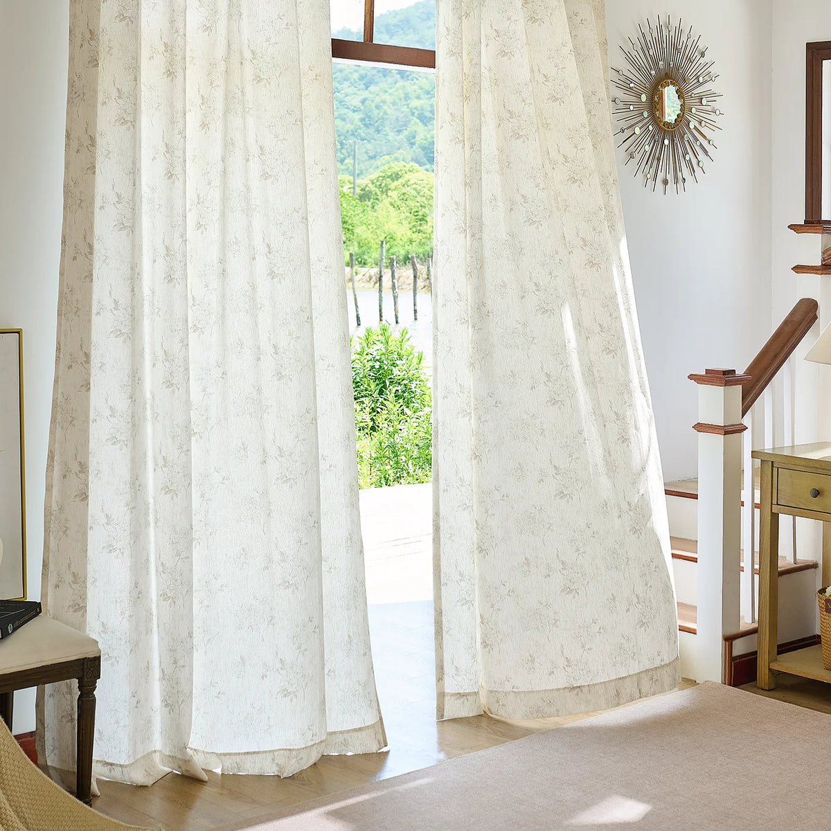 Elysia 800-5_scene_5 toile de Jouy linen textured floral sheer curtains, styled in a bright classic room showing soft light filtering and vintage pattern