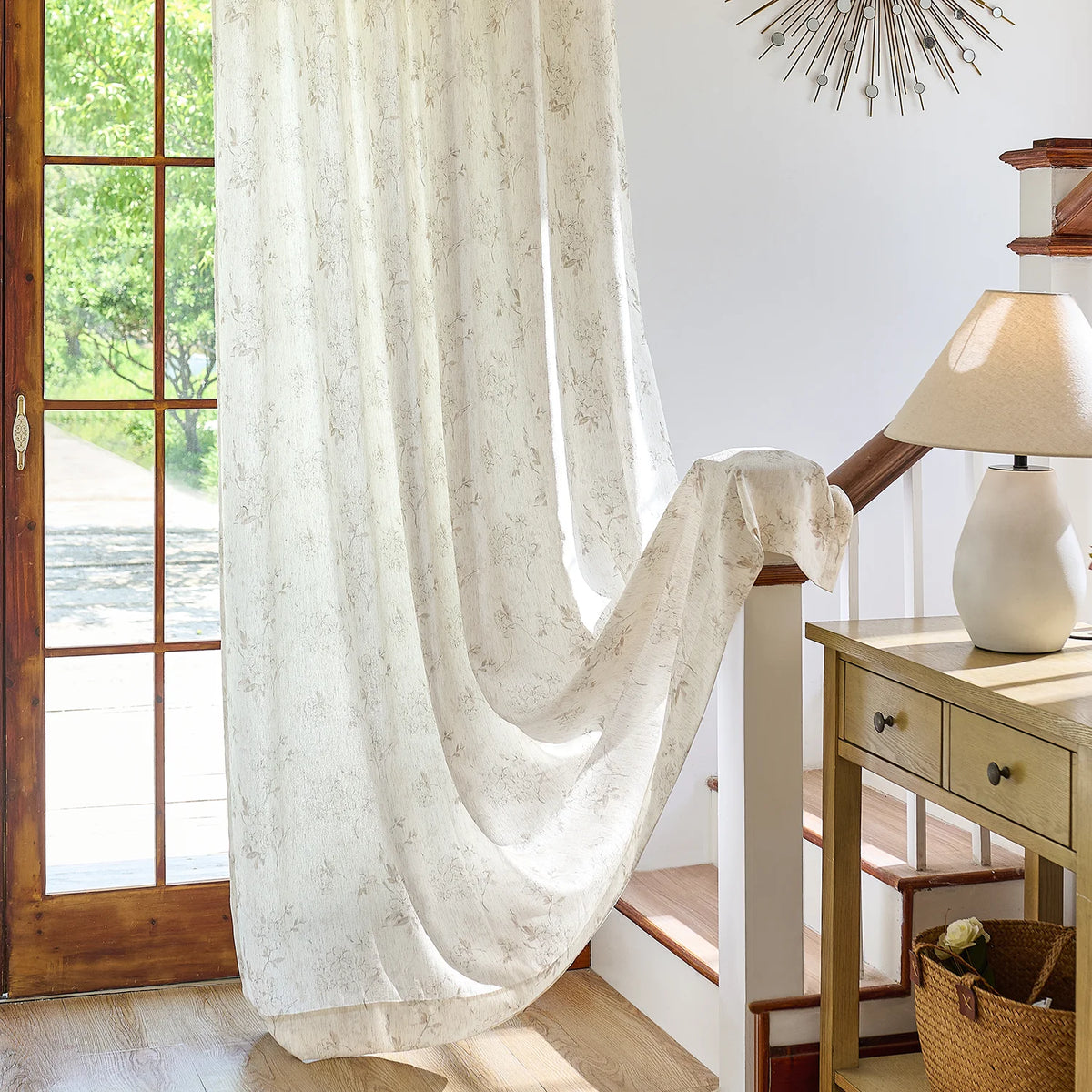 Elysia 800-5_scene_7 toile de Jouy linen textured floral sheer curtains, styled in a bright classic room showing soft light filtering and vintage pattern