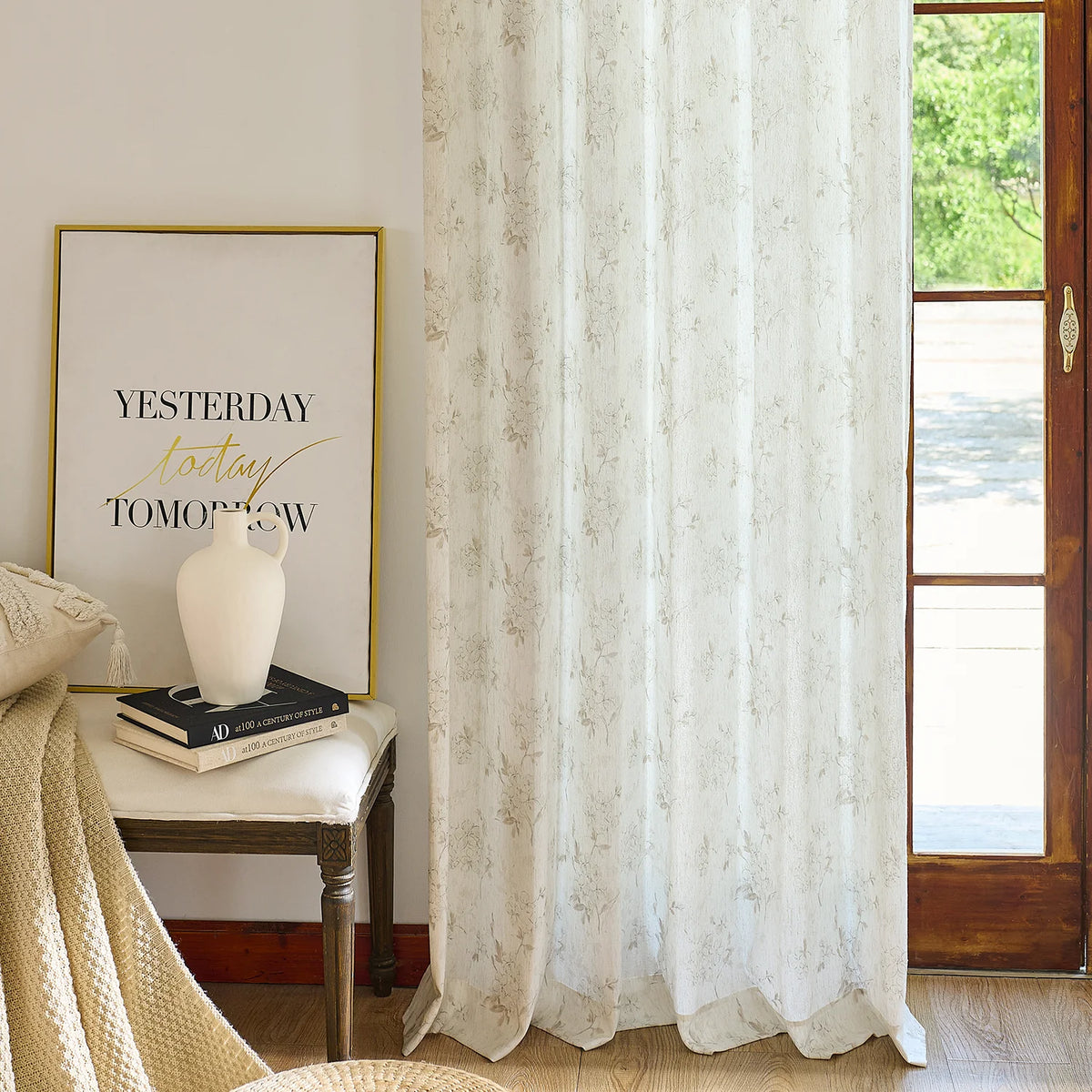 Elysia 800-5_scene_8 toile de Jouy linen textured floral sheer curtains, styled in a bright classic room showing soft light filtering and vintage pattern
