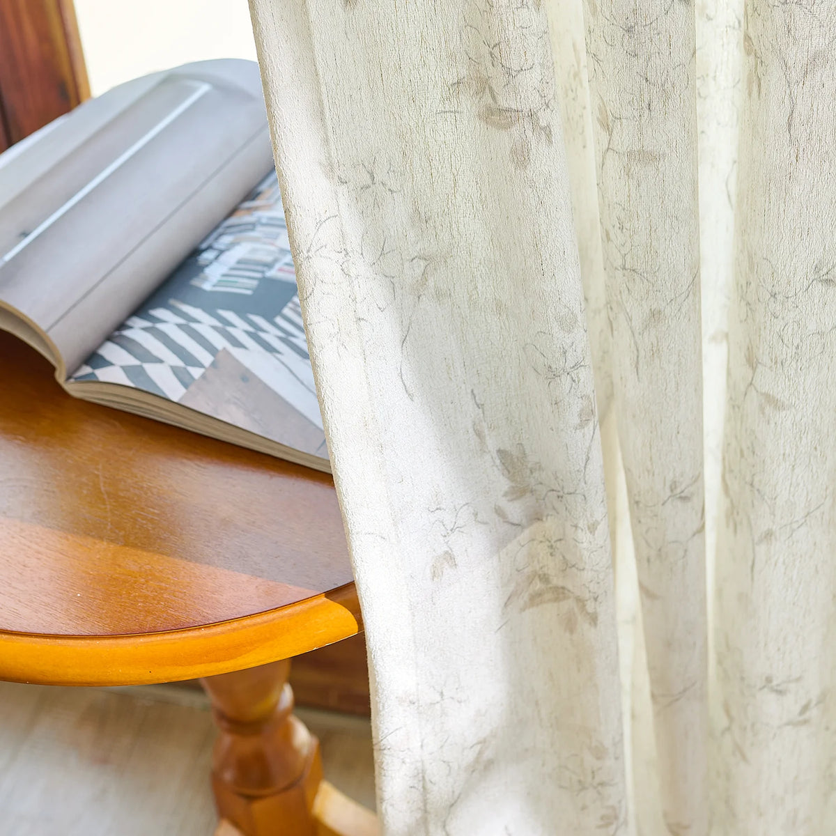 Elysia 800-5_scene_9 toile de Jouy linen textured floral sheer curtains, styled in a bright classic room showing soft light filtering and vintage pattern