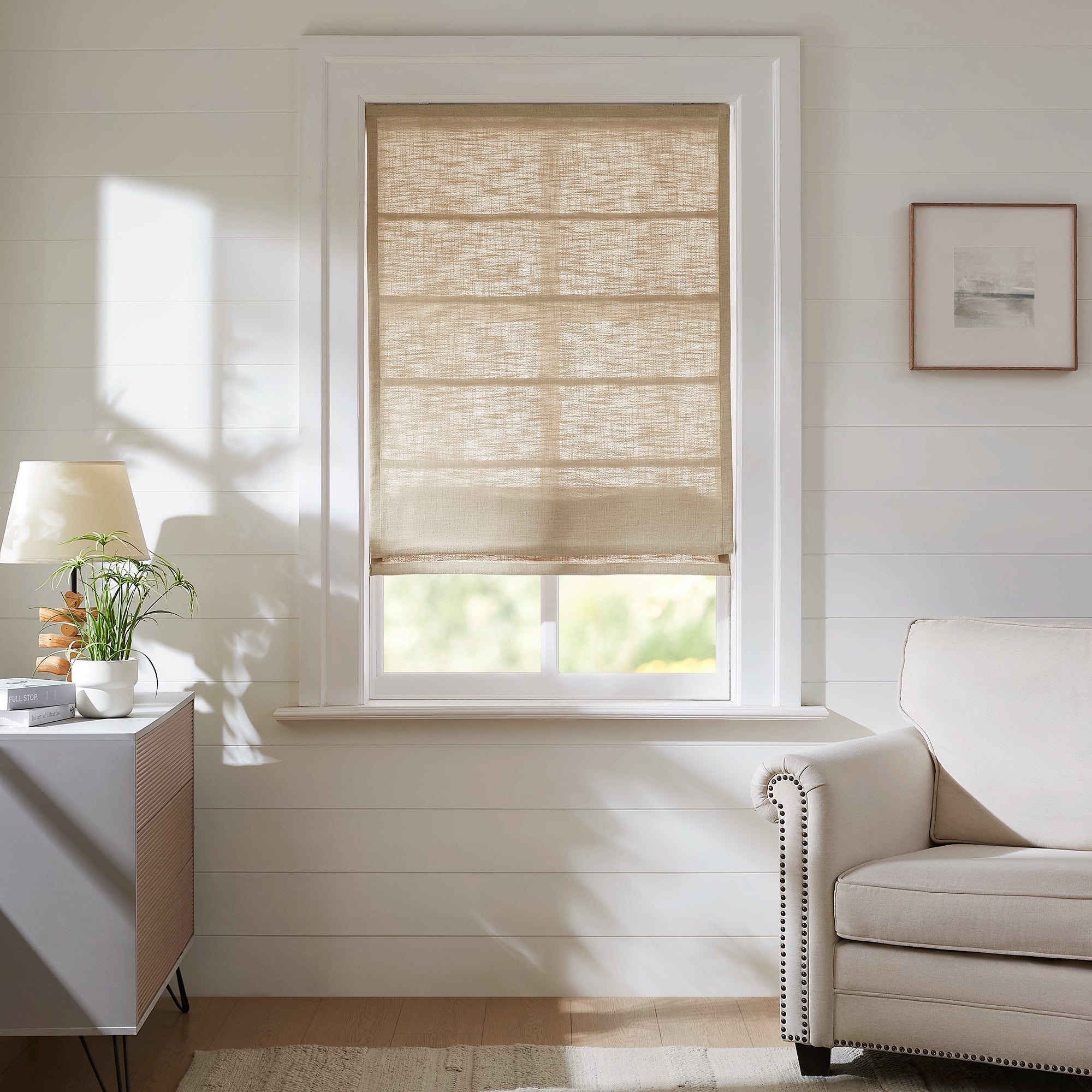 Emilia Textured Cotton Roman Shades: Image 1908-4_scene_1 shows the textured cotton roman shade with elegant folds and soft light filtering.