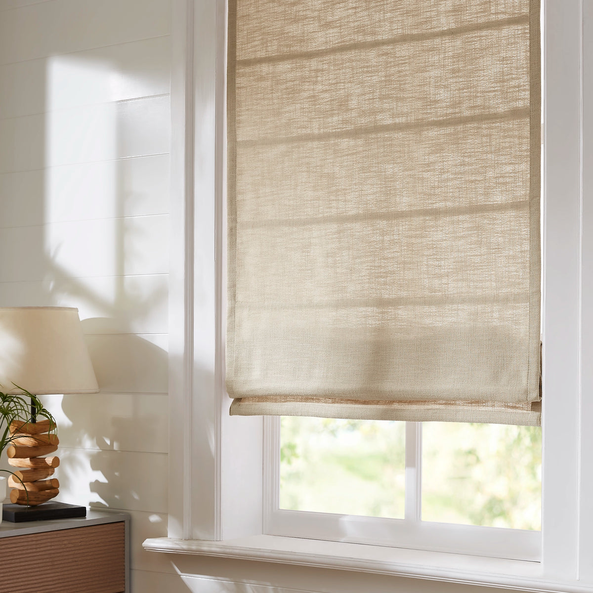 Emilia Textured Cotton Roman Shades: Image 1908-4_scene_2 shows the textured cotton roman shade with elegant folds and soft light filtering.