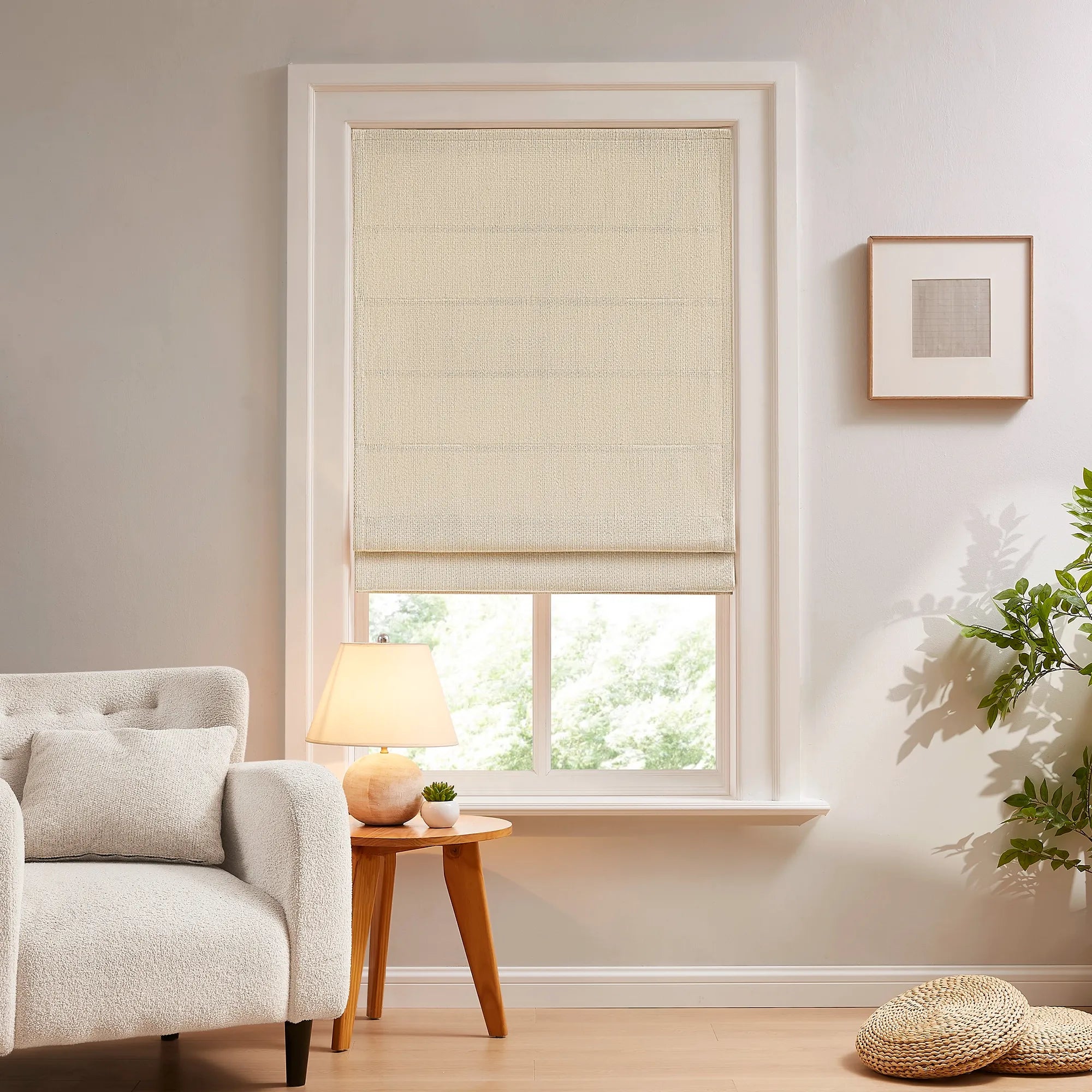 Esmira Woven Texture Cotton-Linen Blend Roman Shades: Image 86981-2_scene_1 displays the roman shade with natural woven texture, breathable cotton-linen blend material and elegant home scene matching effect.
