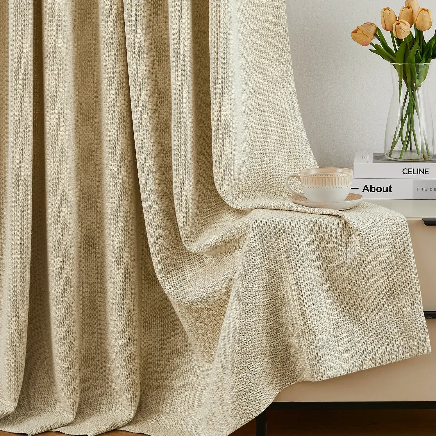 Esmira 86981-2 woven texture cotton-linen blend drapes premium fabric detail display