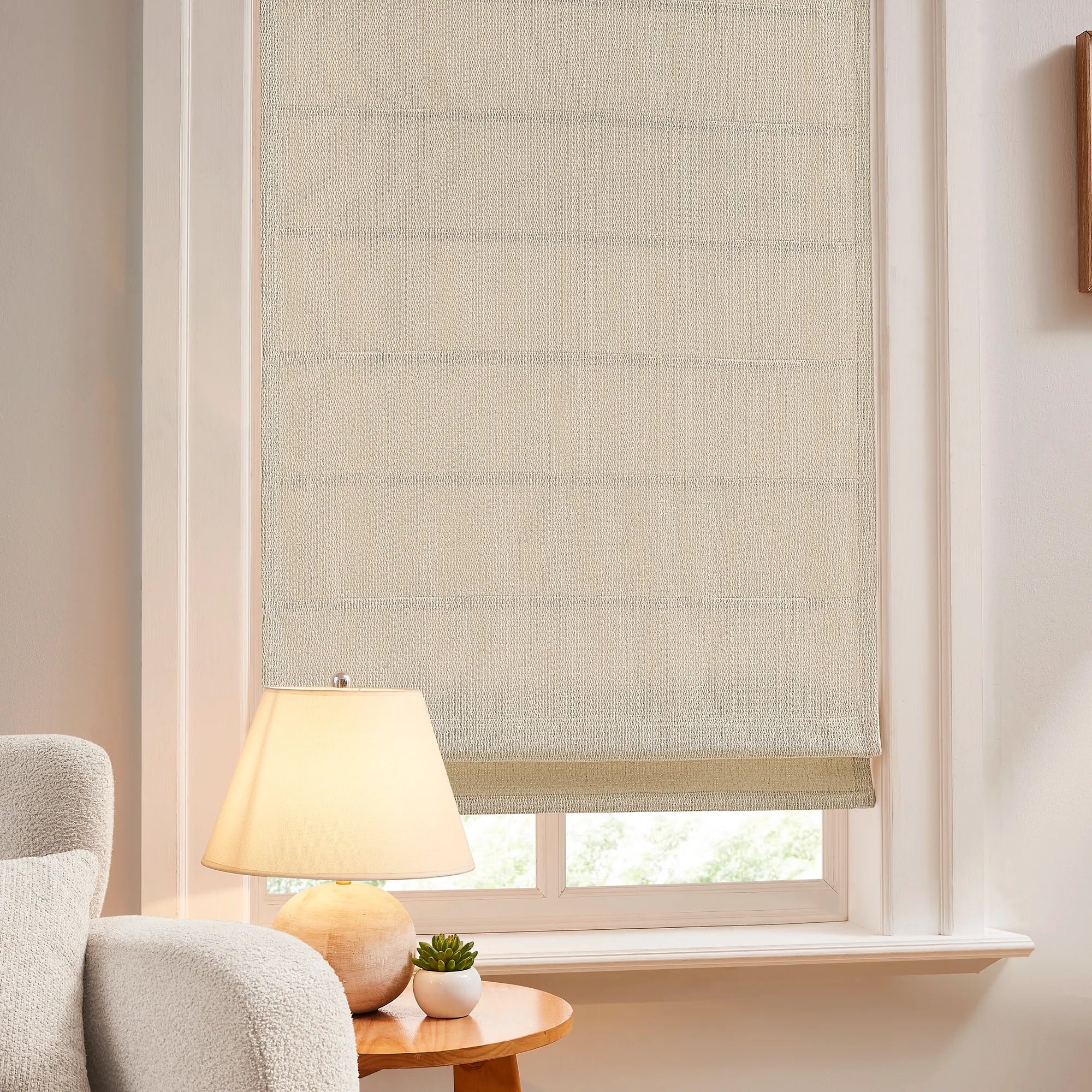 Esmira Woven Texture Cotton-Linen Blend Roman Shades: Image 86981-2_scene_2 displays the roman shade with natural woven texture, breathable cotton-linen blend material and elegant home scene matching effect.