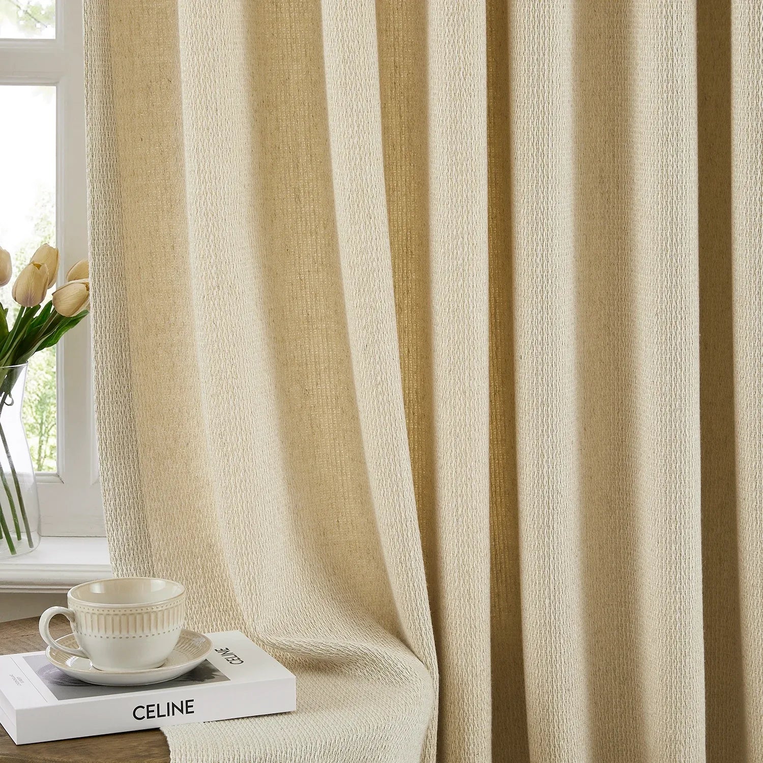 Esmira 86981-2 woven texture cotton-linen blend drapes add timeless elegance to any room