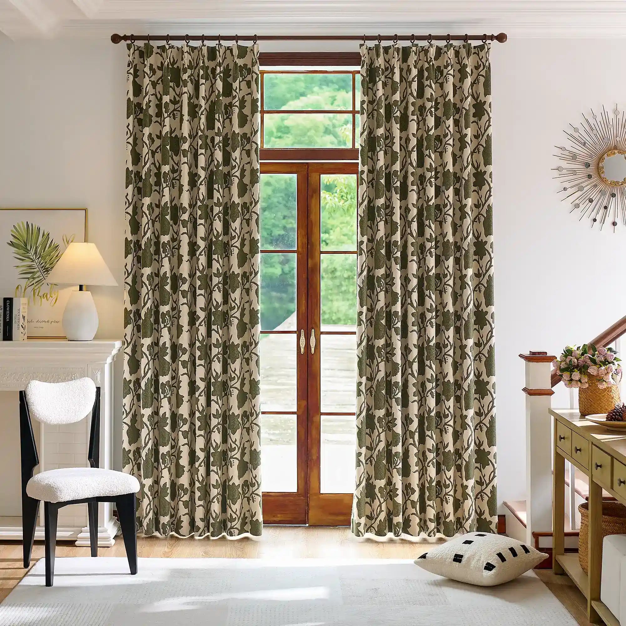 Faelyn Forest Green Botanical Bloom Jacquard Chenille Drapes