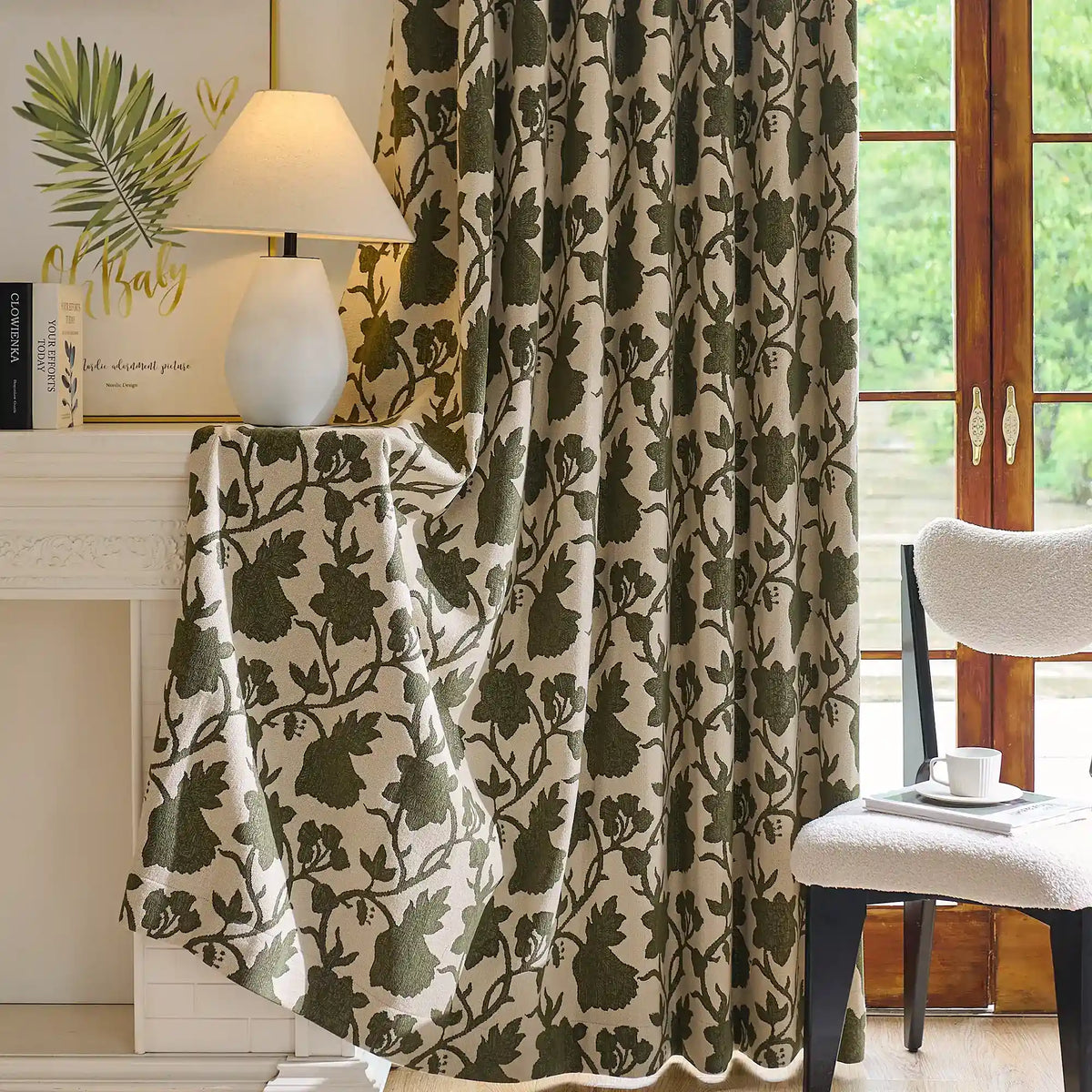 Faelyn Forest Green Botanical Bloom Jacquard Chenille Drapes