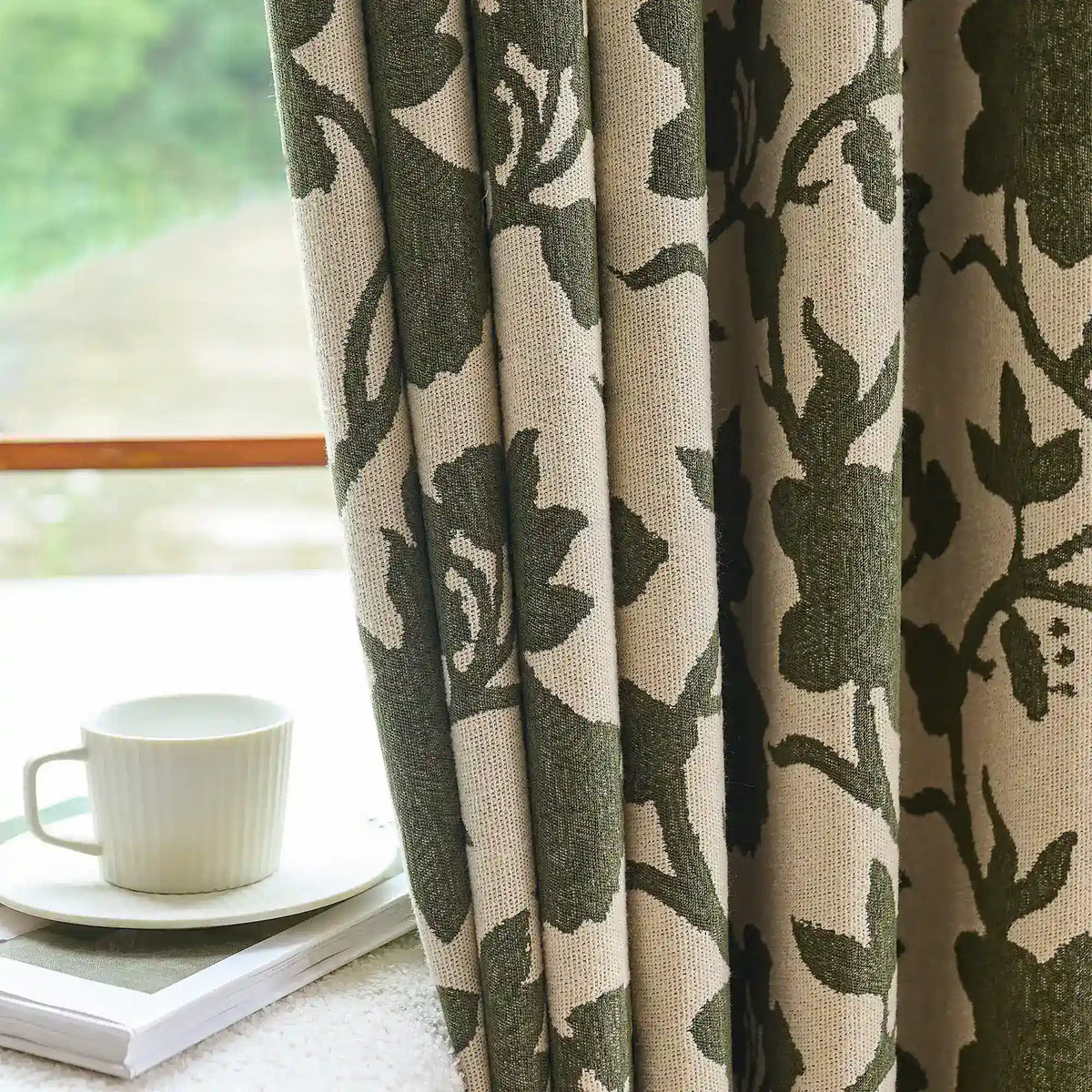 Faelyn Forest Green Botanical Bloom Jacquard Chenille Drapes