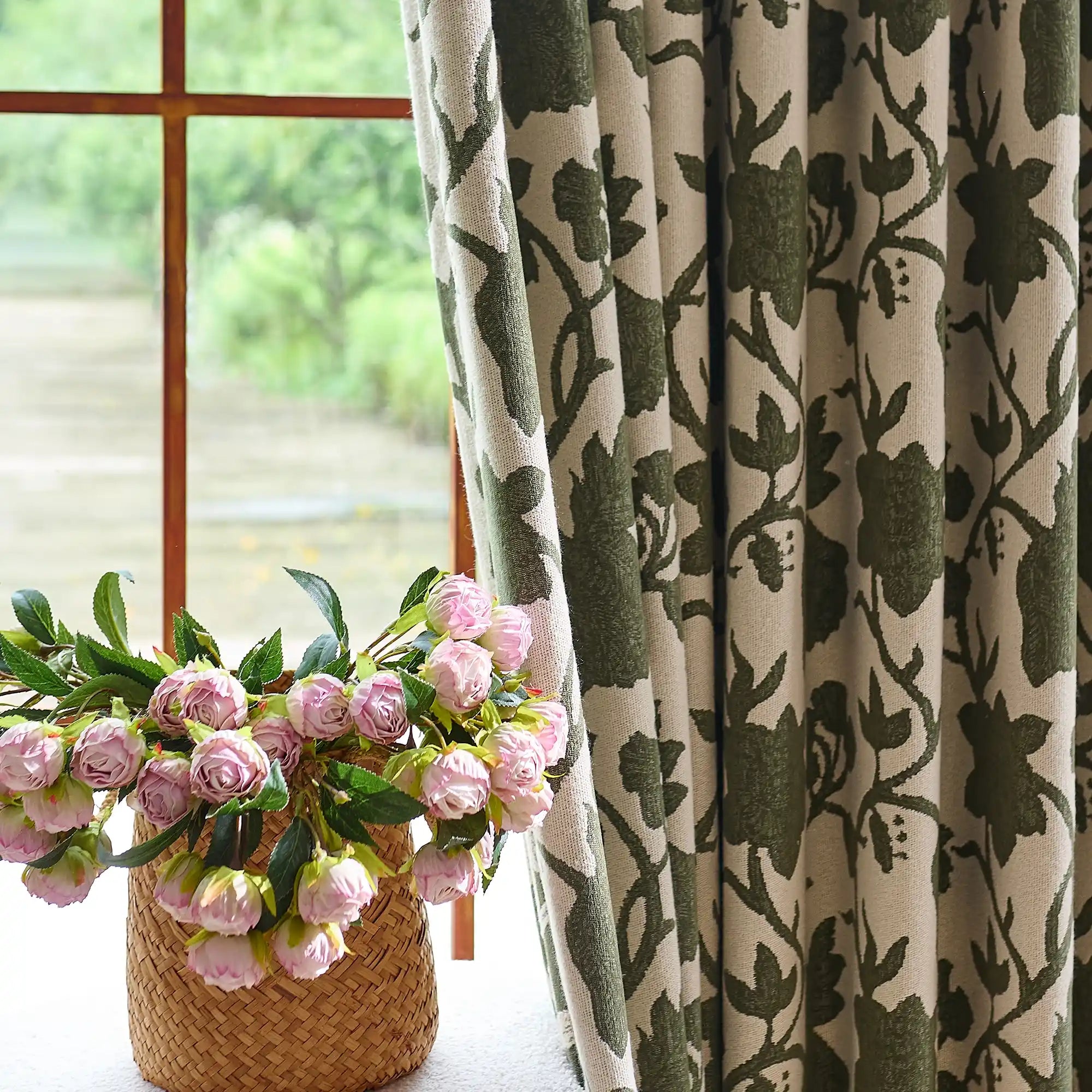 Faelyn Forest Green Botanical Bloom Jacquard Chenille Drapes
