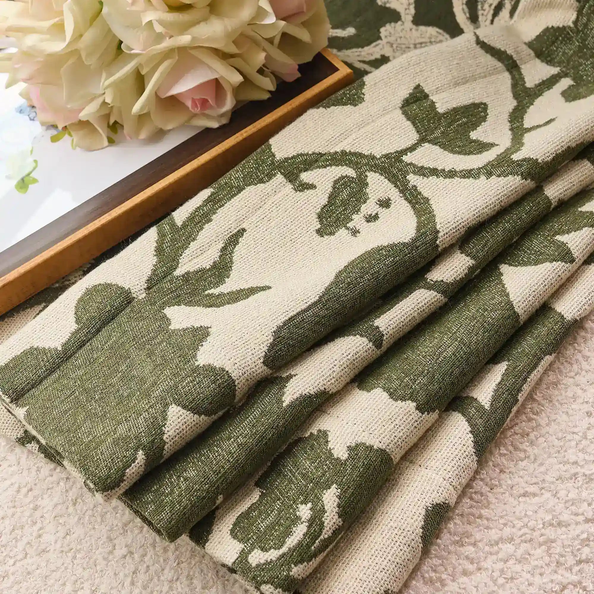 Faelyn Forest Green Botanical Bloom Jacquard Chenille Drapes