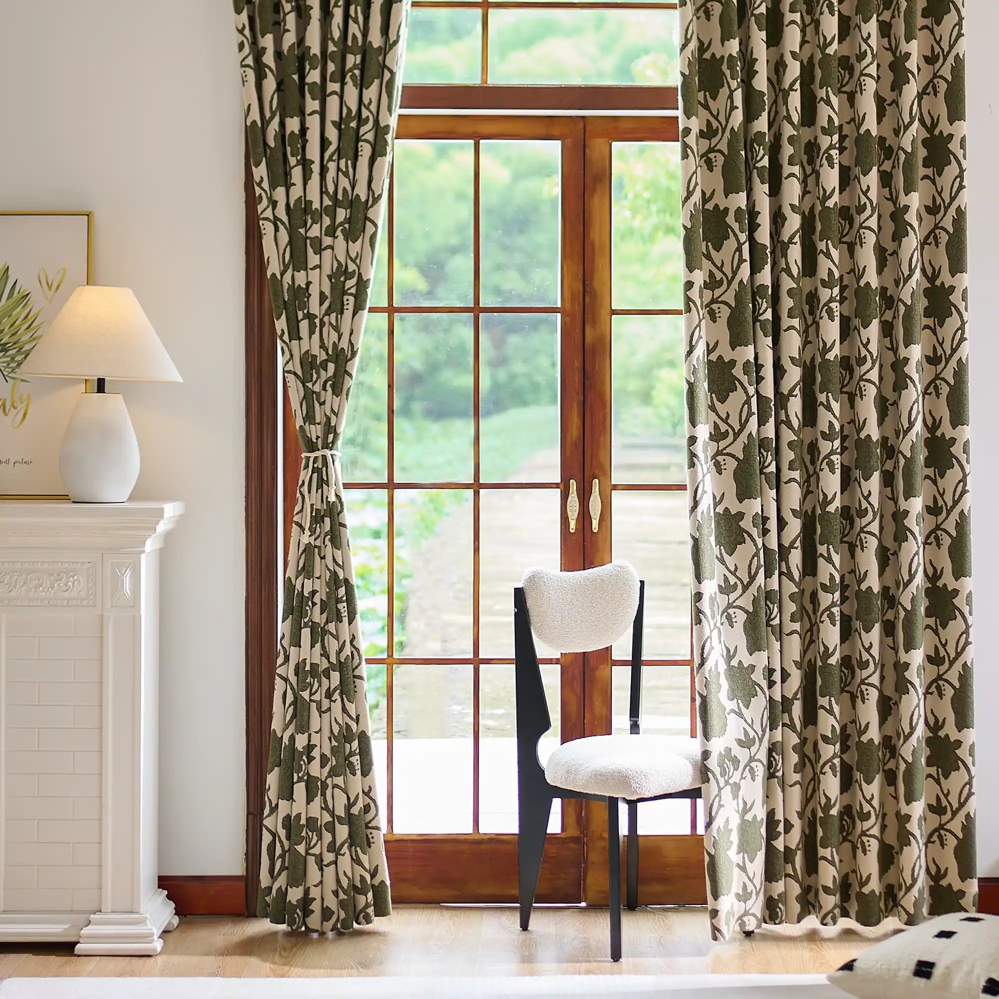 Faelyn Forest Green Botanical Bloom Jacquard Chenille Drapes