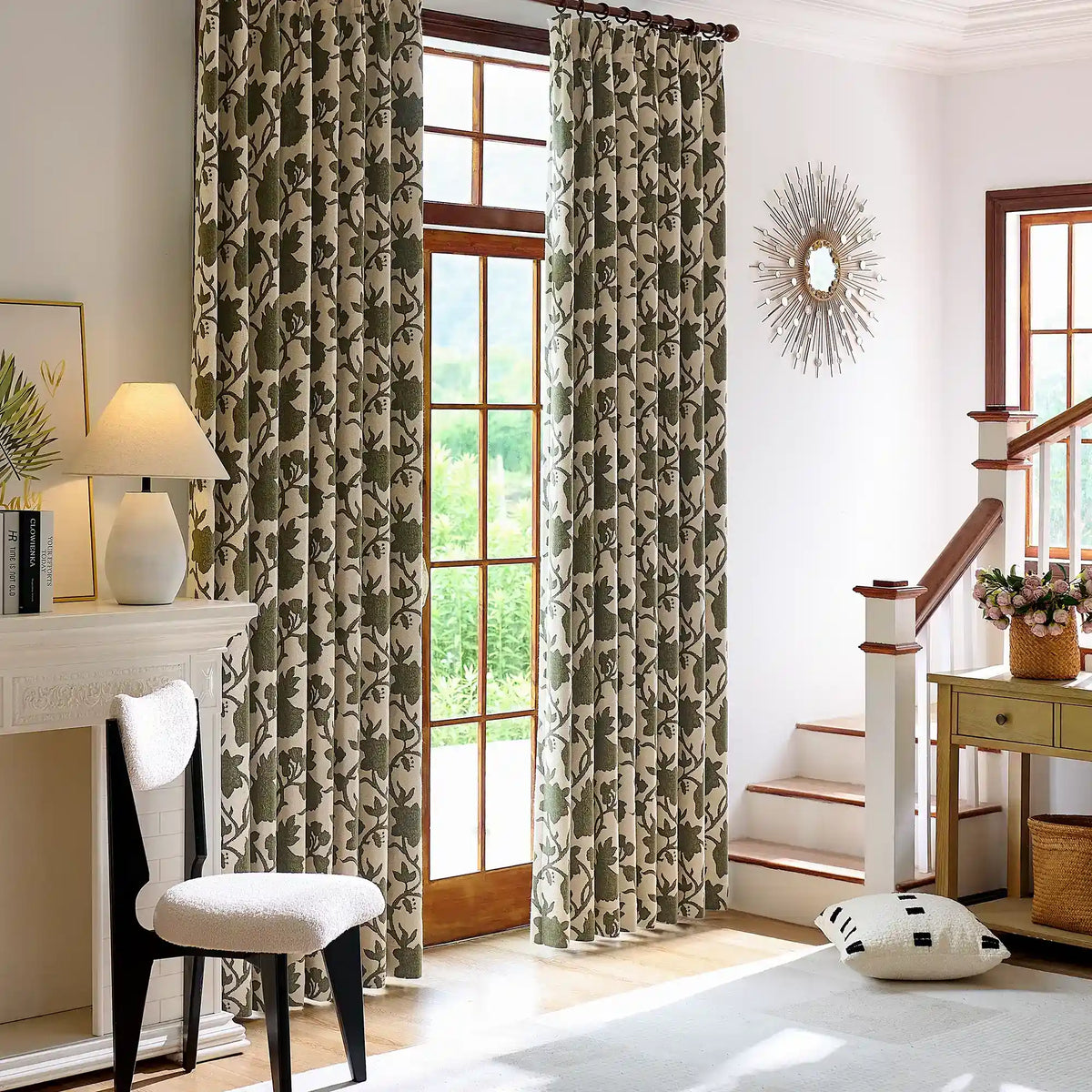 Faelyn Forest Green Botanical Bloom Jacquard Chenille Drapes