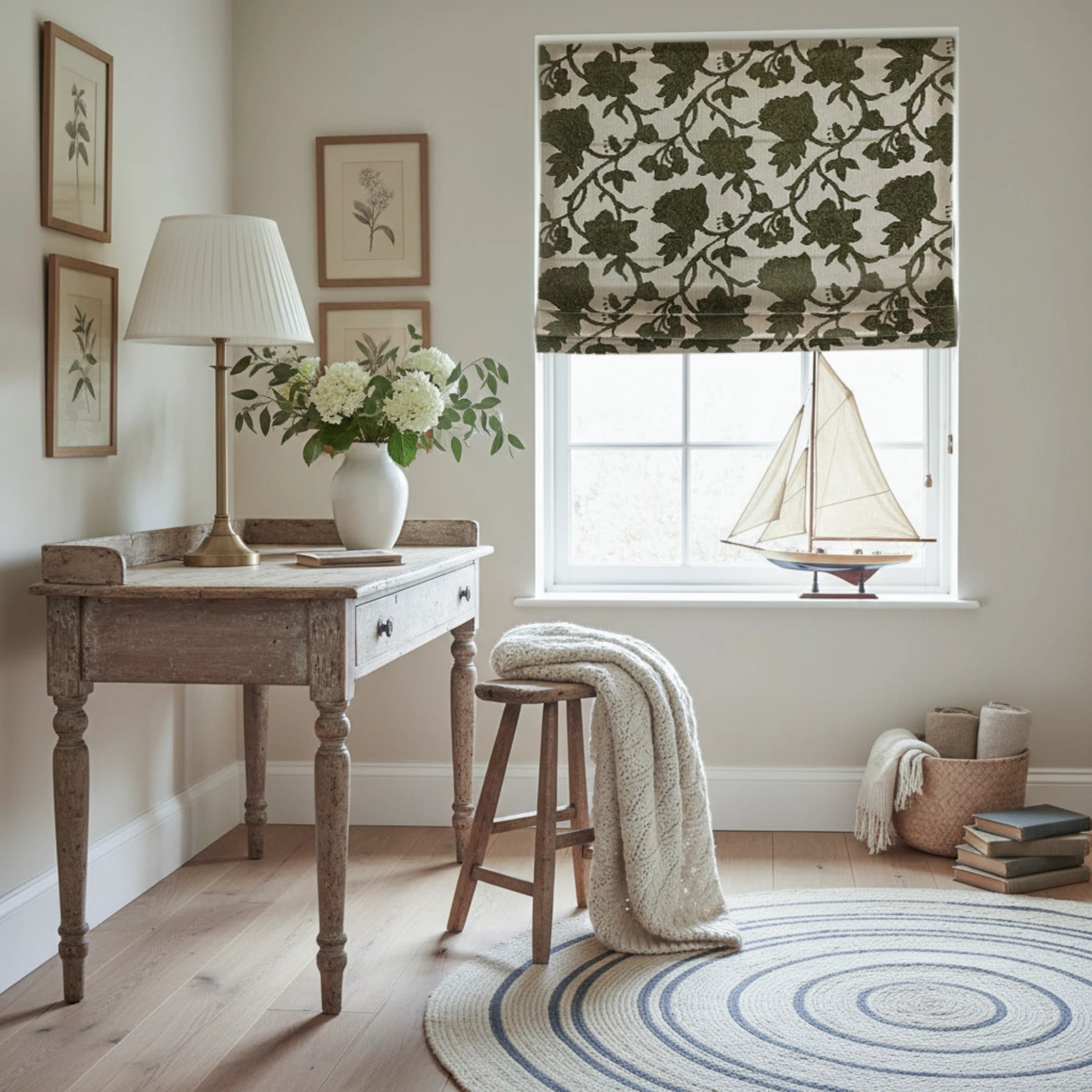 Faelyn Forest Green Botanical Bloom Jacquard Chenille Roman Shades: Image SL24155-2_scene_2 showcases the roman shade with lush botanical jacquard patterns, soft chenille fabric and perfect home decor matching effect.