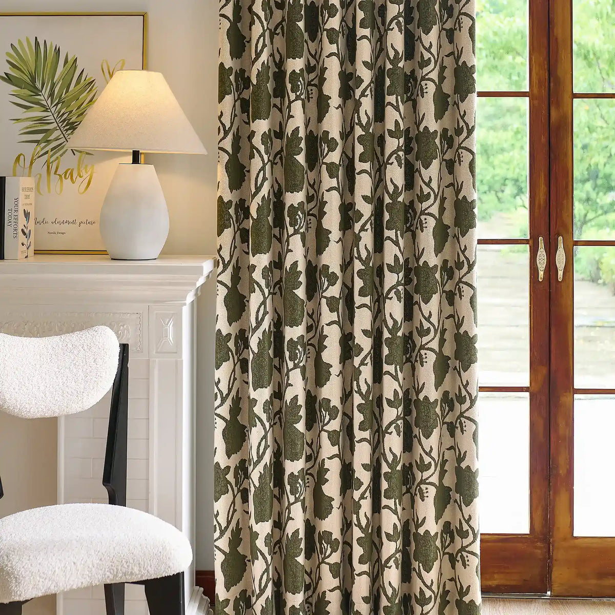 Faelyn Forest Green Botanical Bloom Jacquard Chenille Drapes