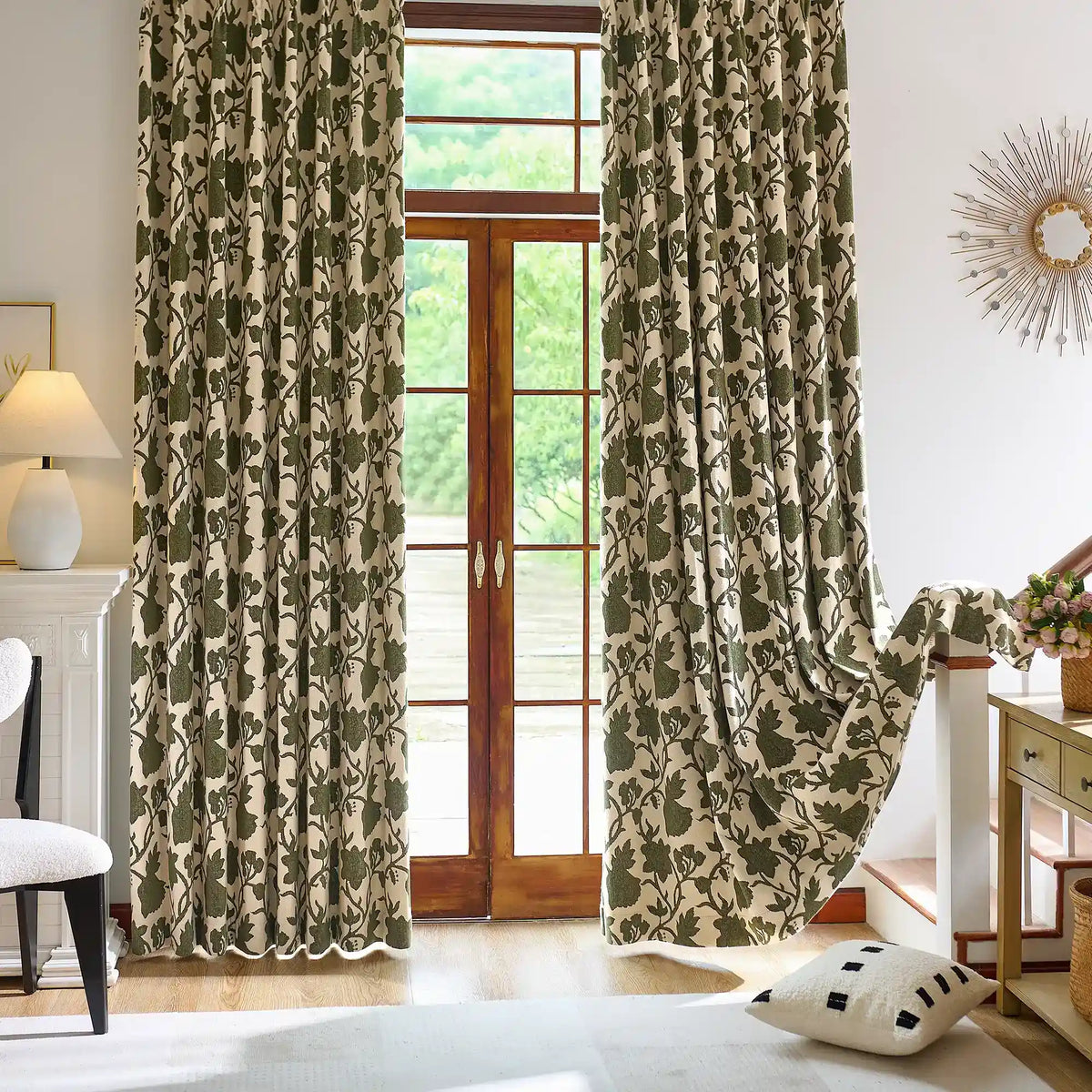 Faelyn Forest Green Botanical Bloom Jacquard Chenille Drapes
