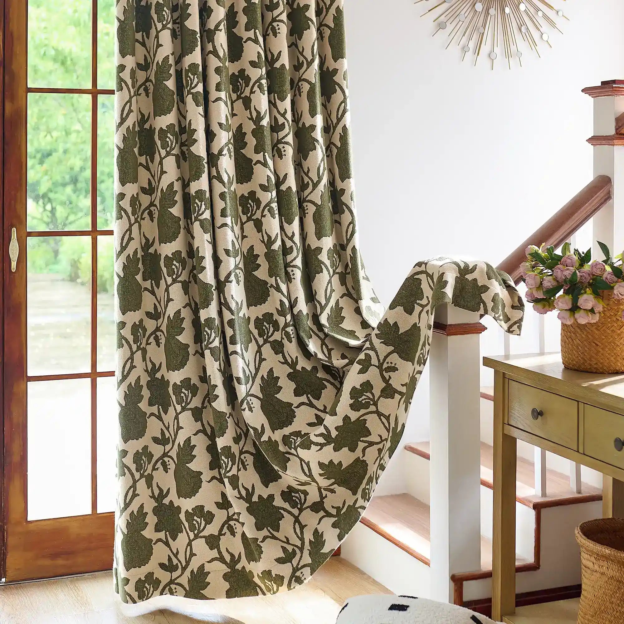 Faelyn Forest Green Botanical Bloom Jacquard Chenille Drapes