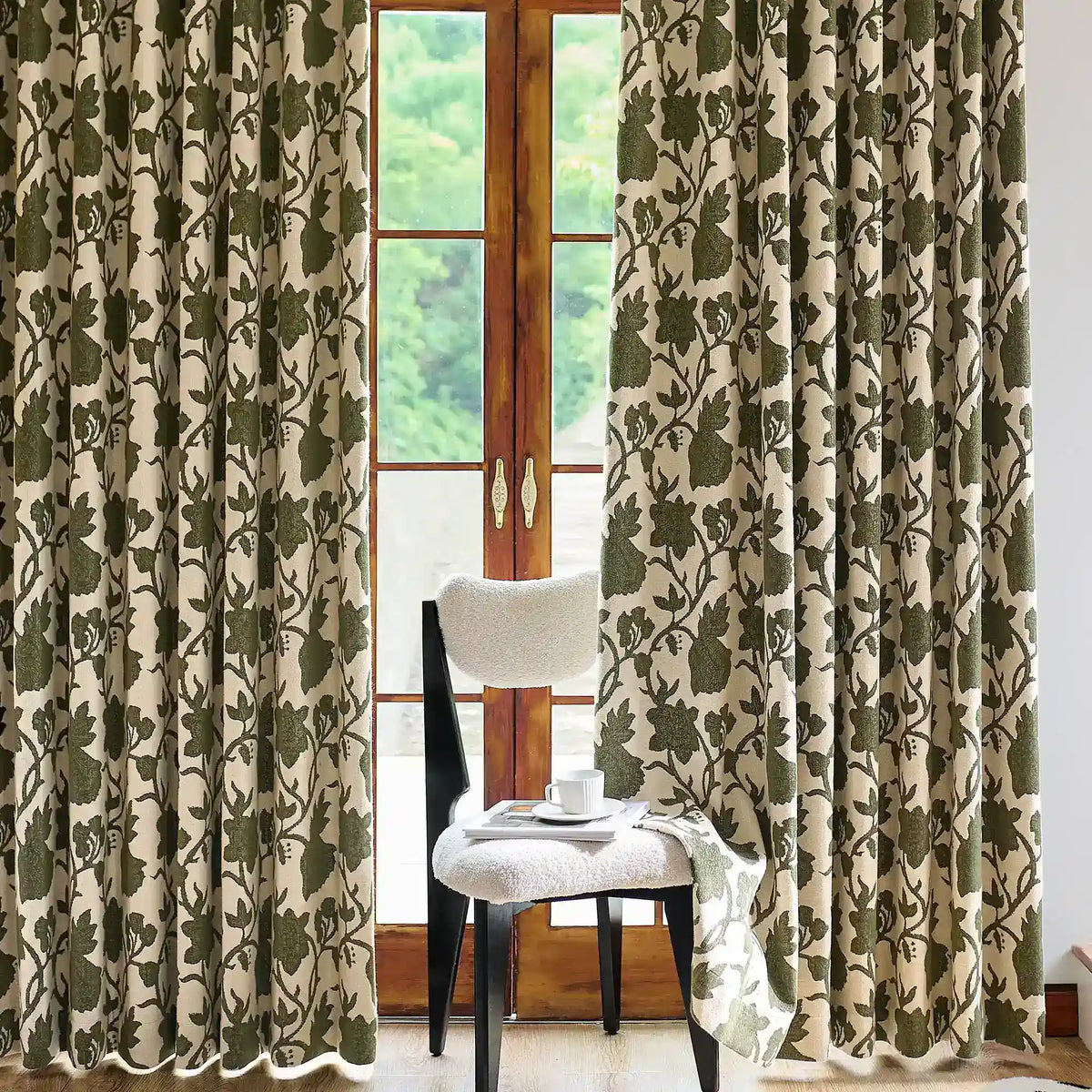 Faelyn Forest Green Botanical Bloom Jacquard Chenille Drapes