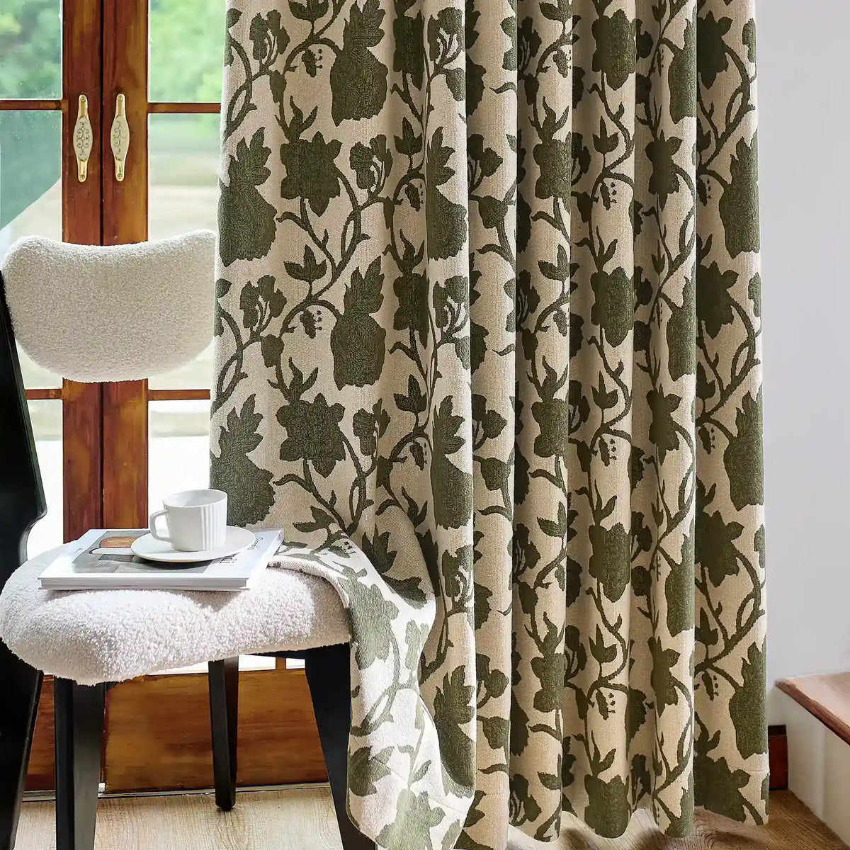 Faelyn Forest Green Botanical Bloom Jacquard Chenille Drapes