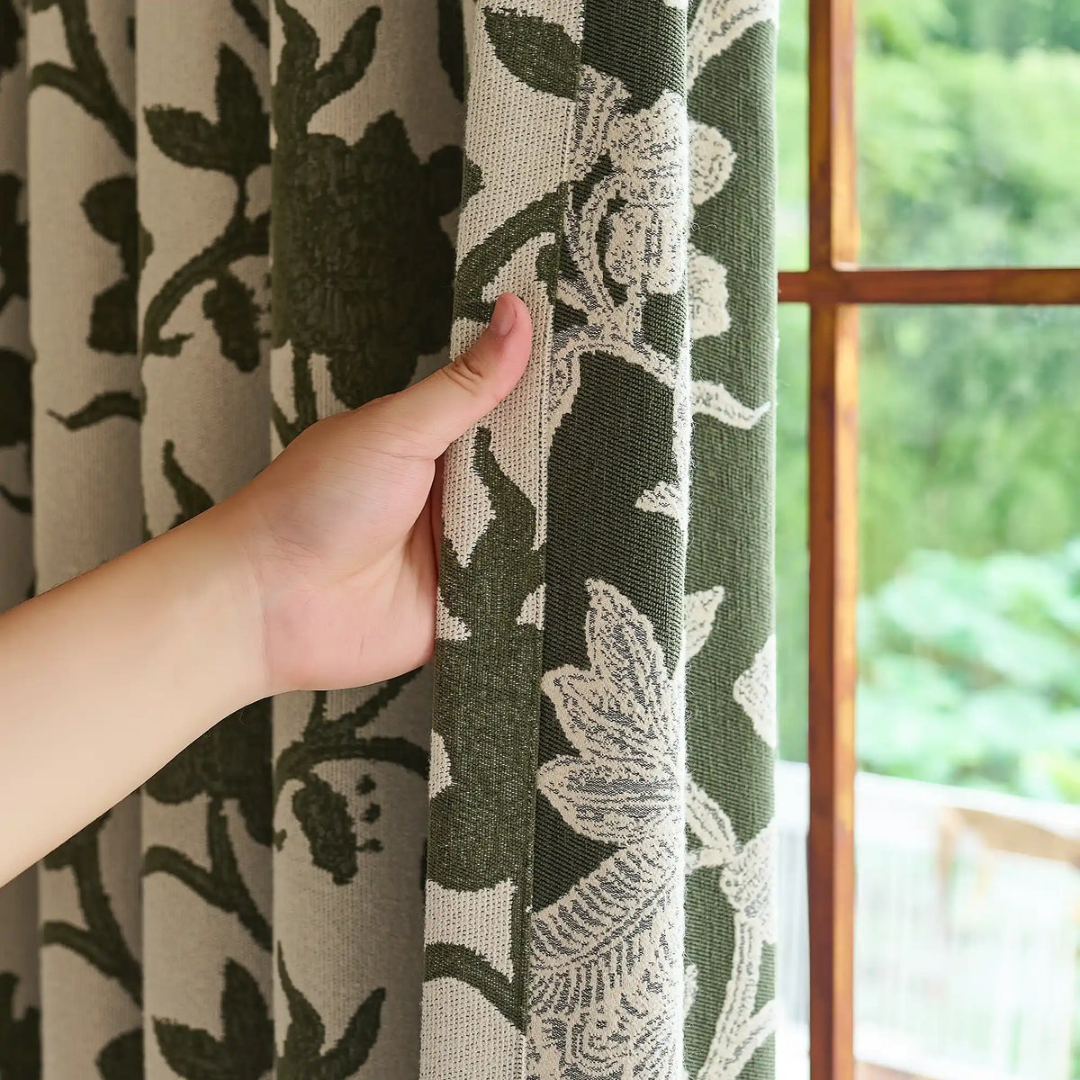 Faelyn Forest Green Botanical Bloom Jacquard Chenille Drapes