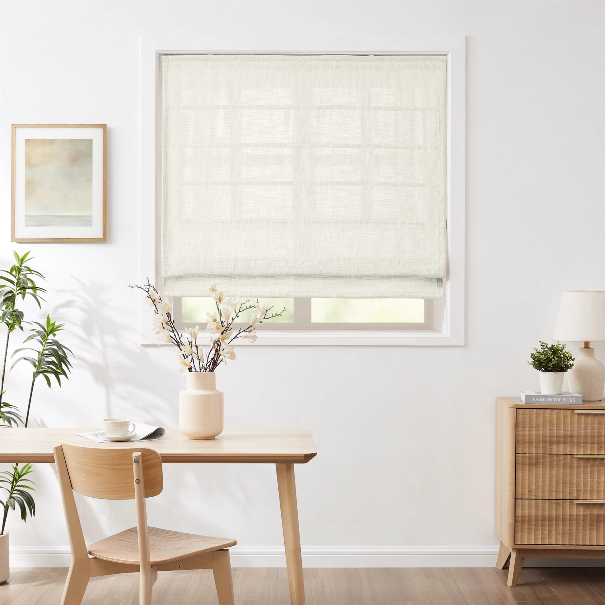 Fiora Cotton Motorized Roman Shades MBH9520-2 scene 1 - soft beige cotton fabric, classic flat fold design, quiet motor system, shown in bright, modern living room with natural light