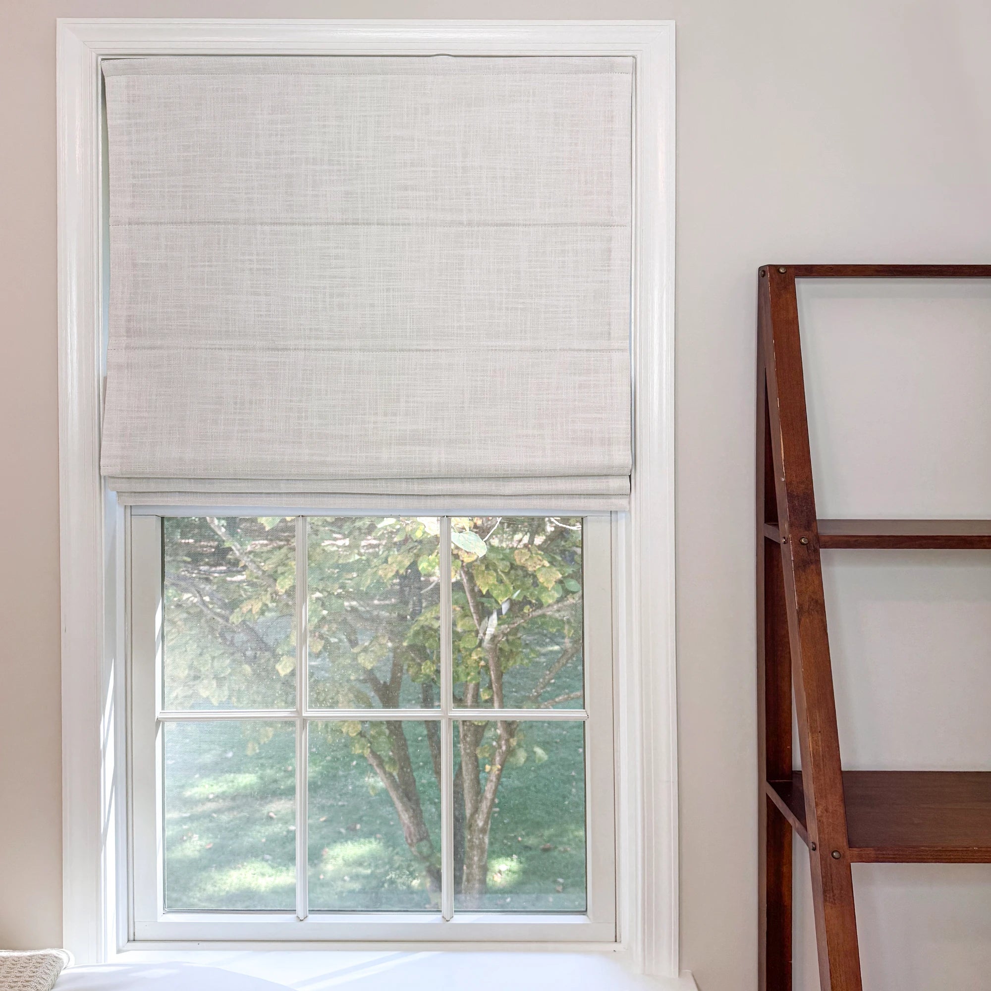 Elara White Roman Shades: Image 89850-0-2 shows the white linen-blend shade with neat folds and elegant look.