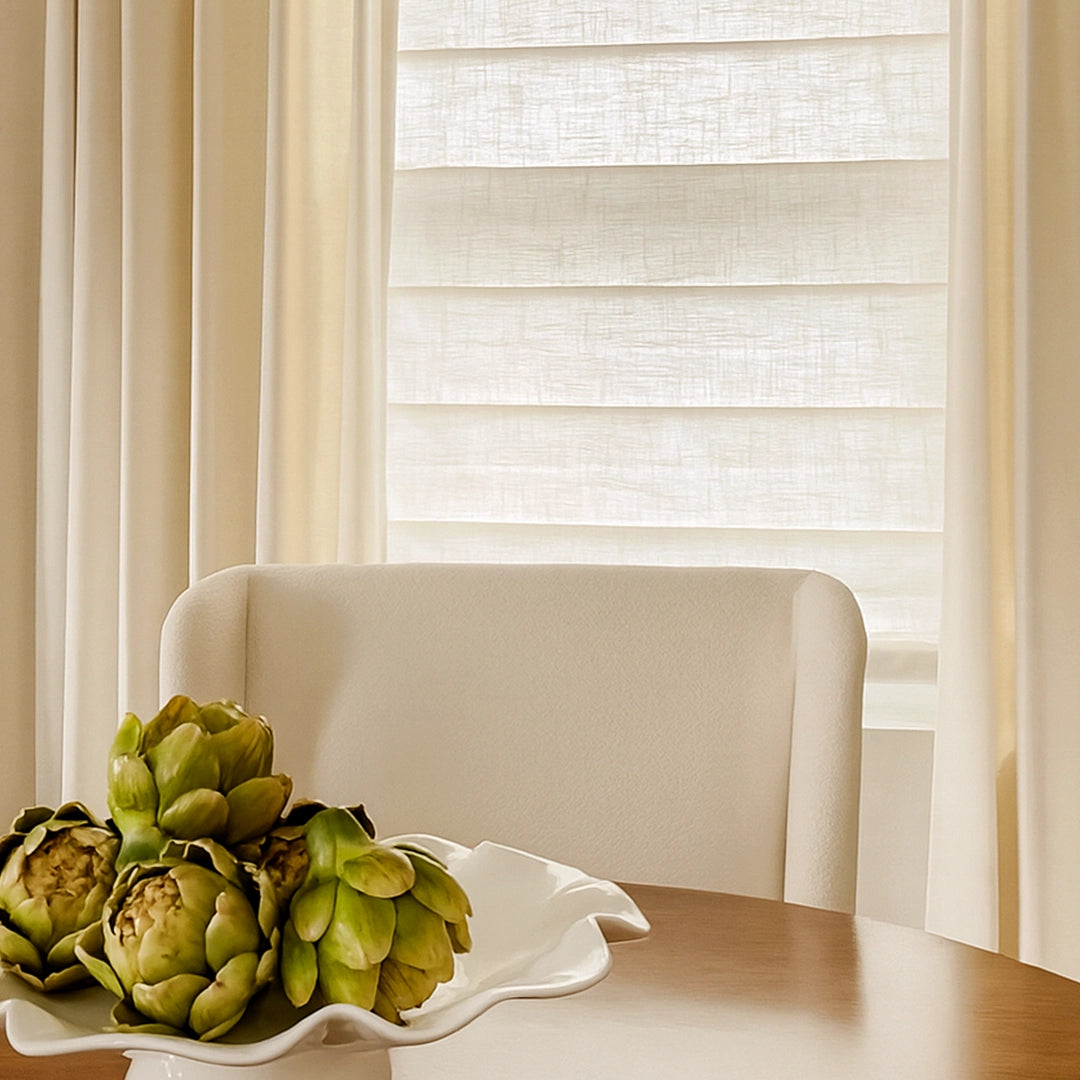 Freshine Elara off-white roman shades 89850-1_4, elegant linen-blend drapes with superior light control and privacy showcased in detail