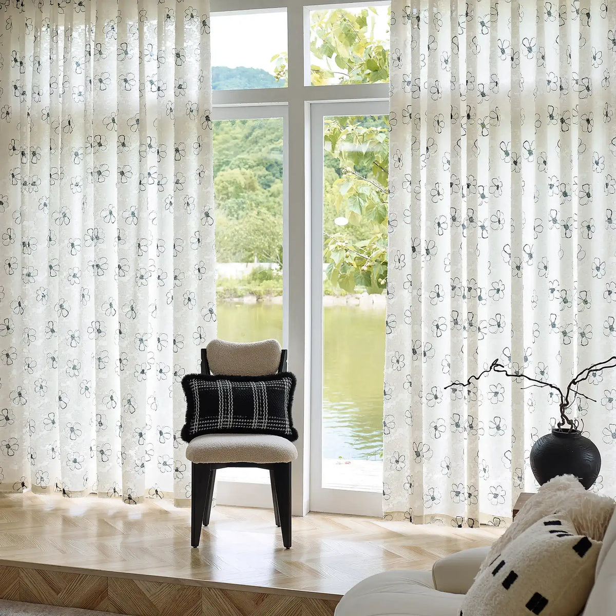 Gineva Black Daisy Print Sheer Curtains
