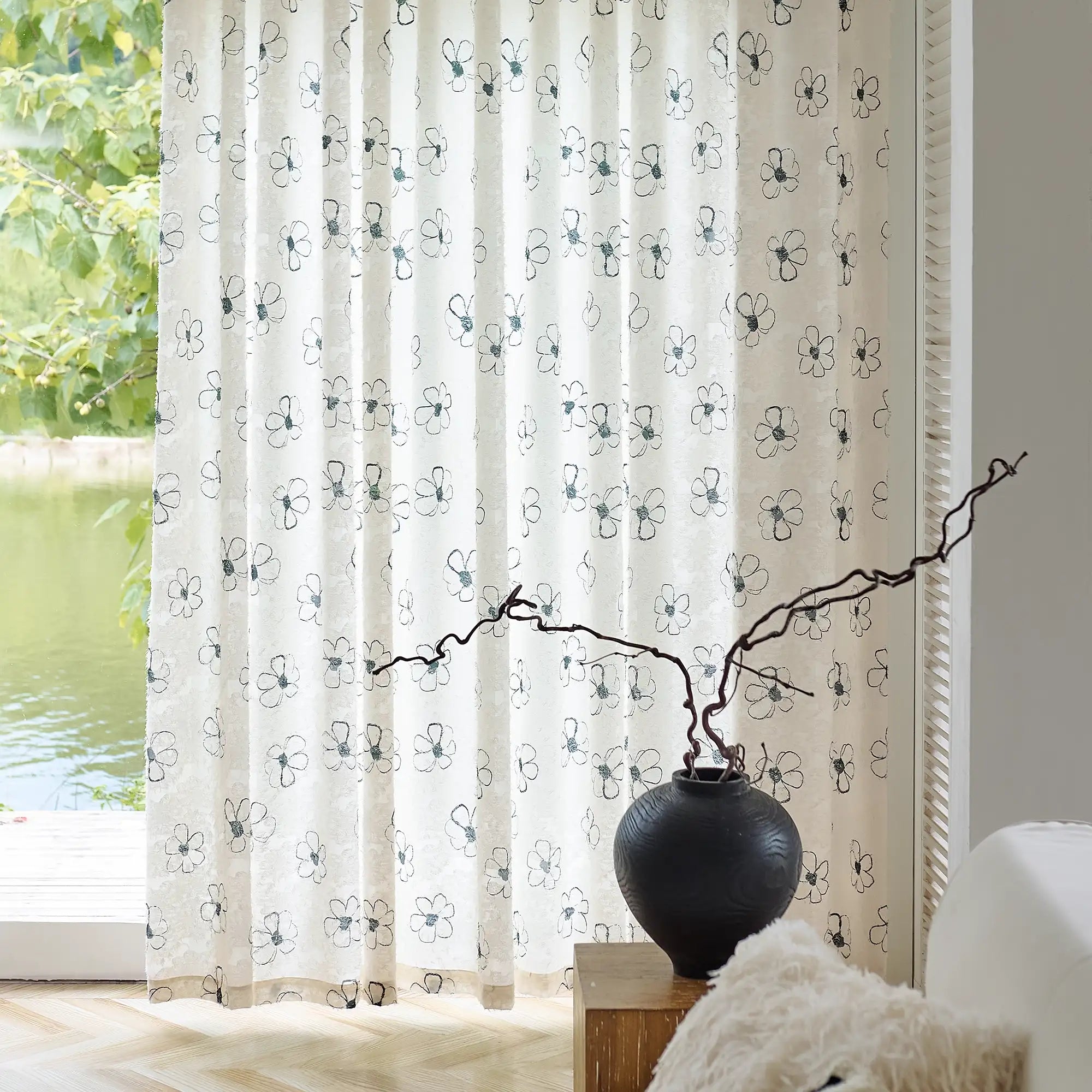 Gineva Black Daisy Print Sheer Curtains