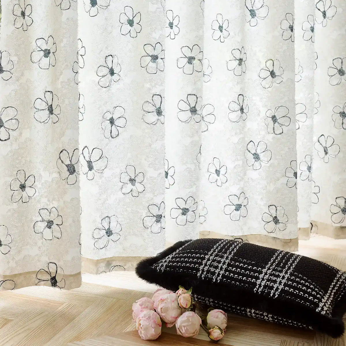 Gineva Black Daisy Print Sheer Curtains