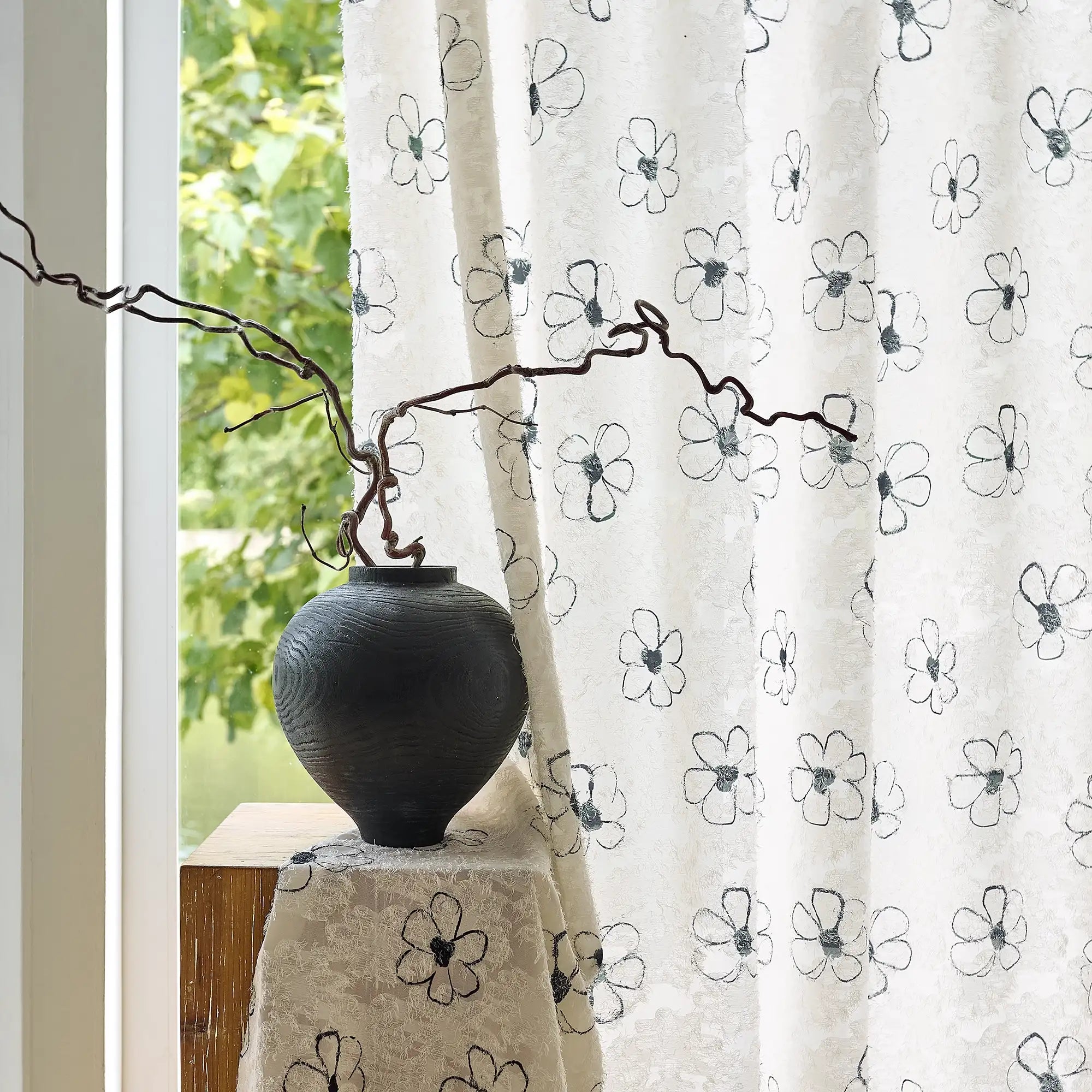 Gineva Black Daisy Print Sheer Curtains