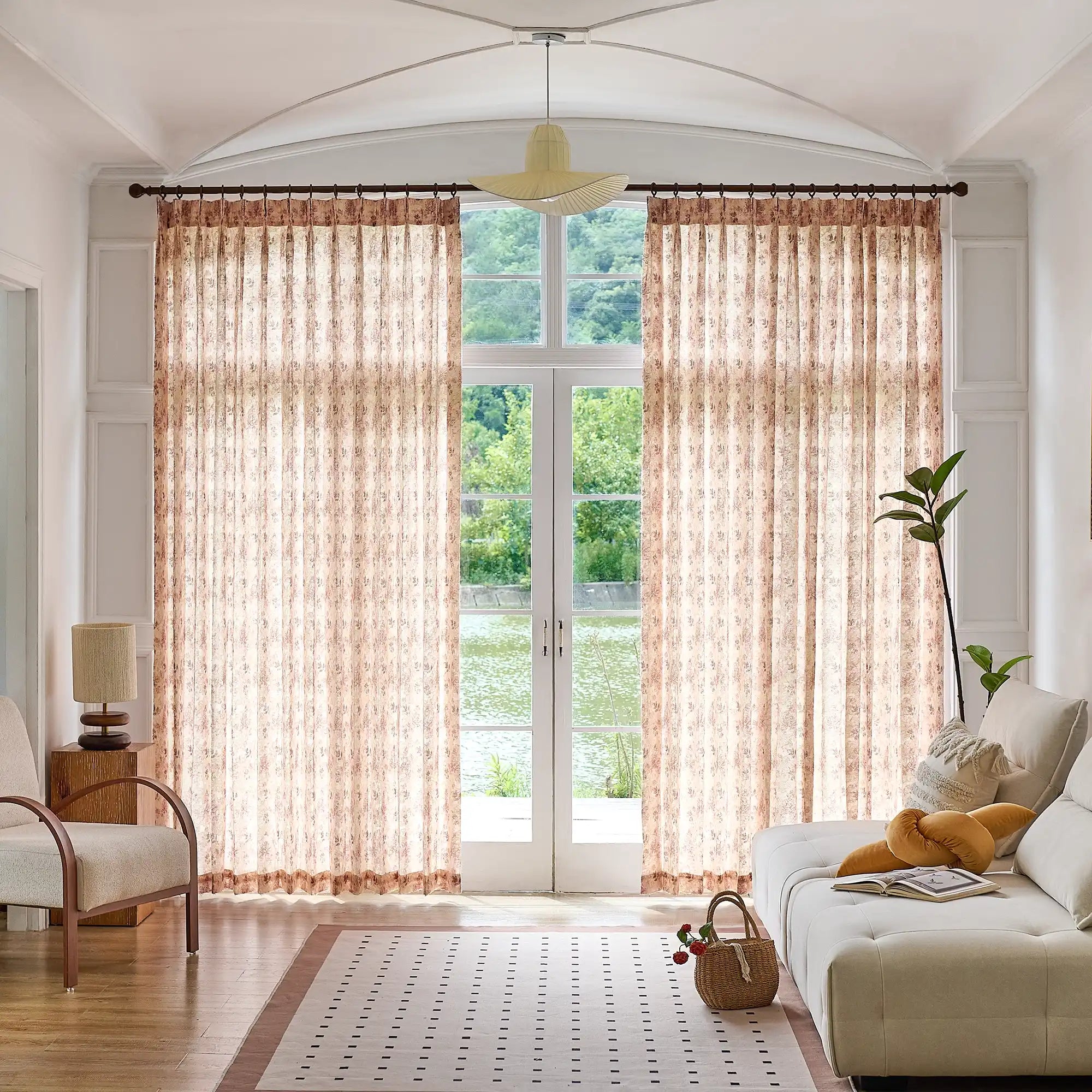 Havelle Blush Beige Botanical Leaf Print Sheer Curtains
