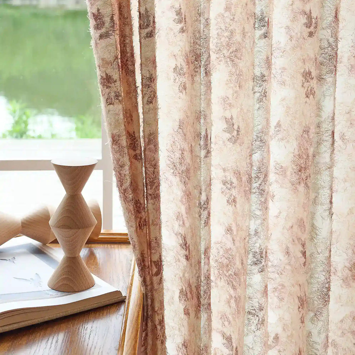 Havelle Blush Beige Botanical Leaf Print Sheer Curtains