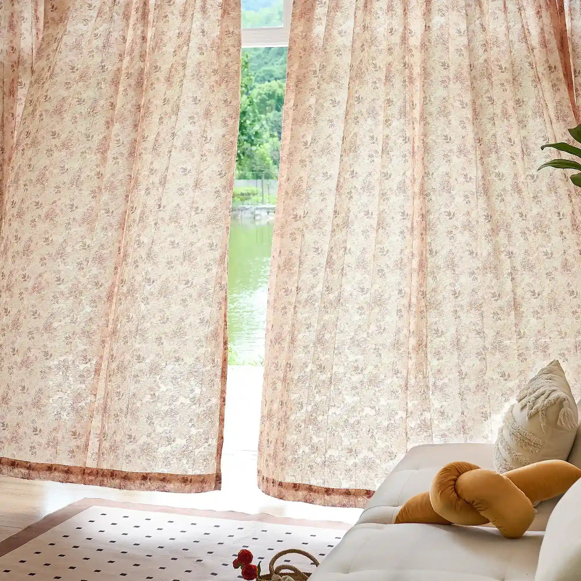Havelle Blush Beige Botanical Leaf Print Sheer Curtains